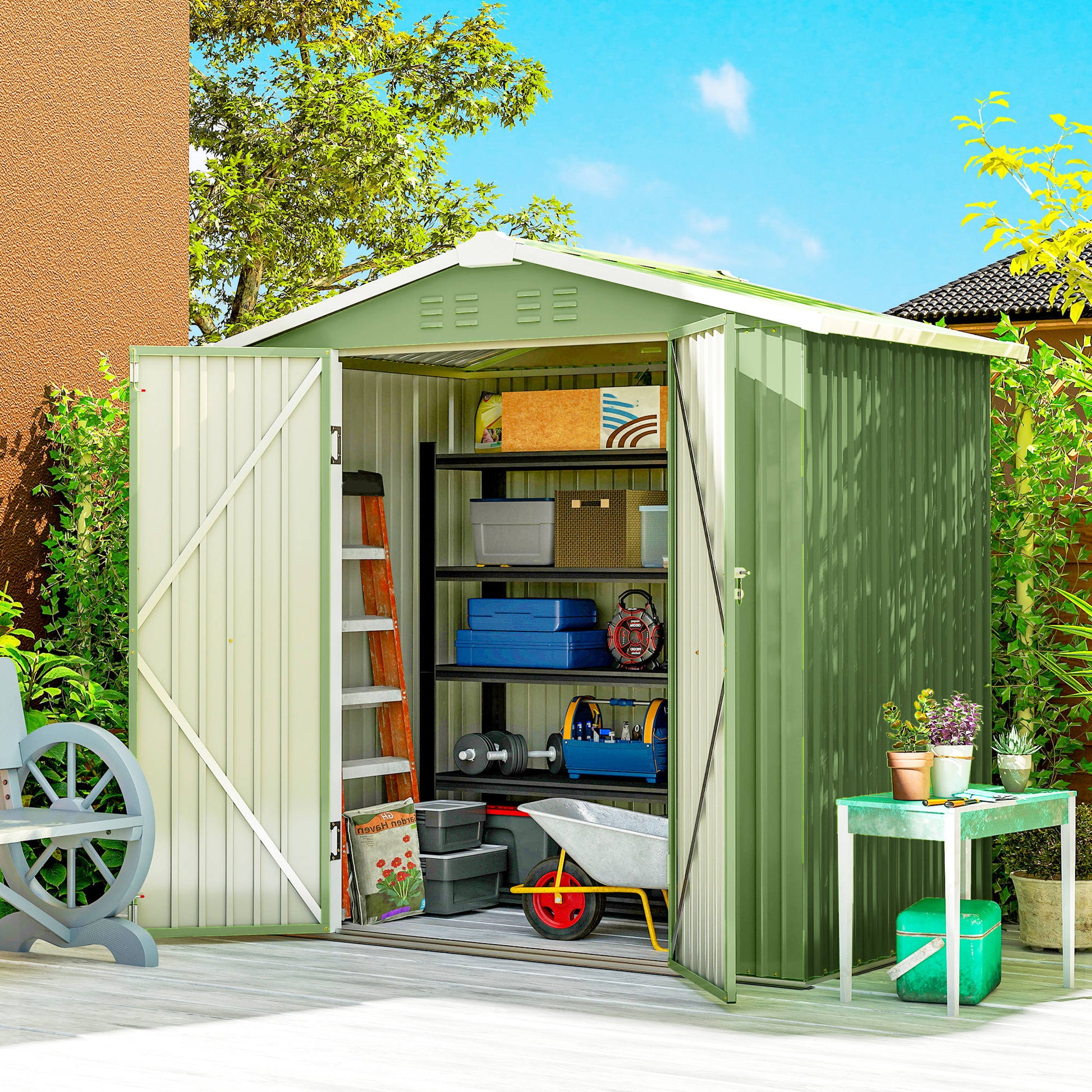 6.5' x 4' Metal Outdoor Storage Shed - Light Green-Patio & Garden > Lawn & Garden > Sheds-DECOROLALA