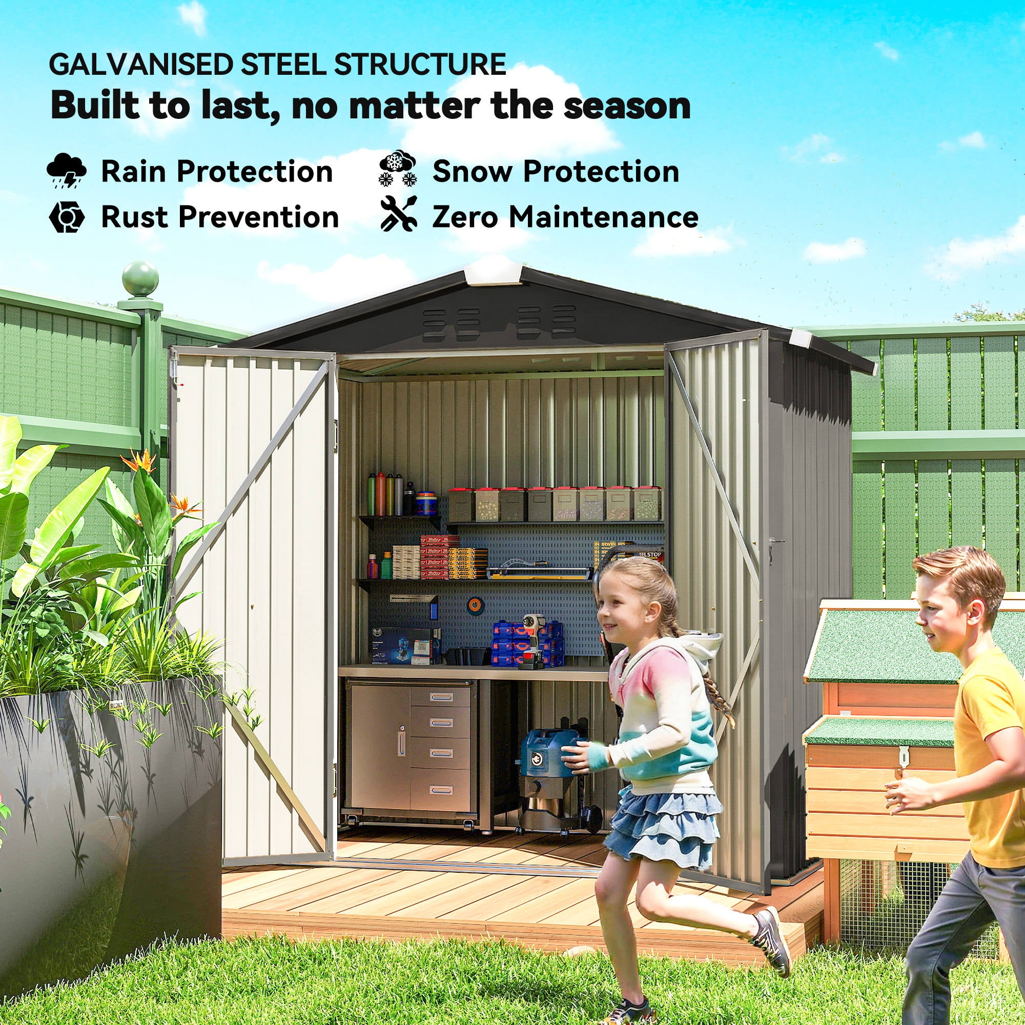 6.5' x 4' Metal Outdoor Storage Shed - Light Grey-Patio & Garden > Lawn & Garden > Sheds-DECOROLALA