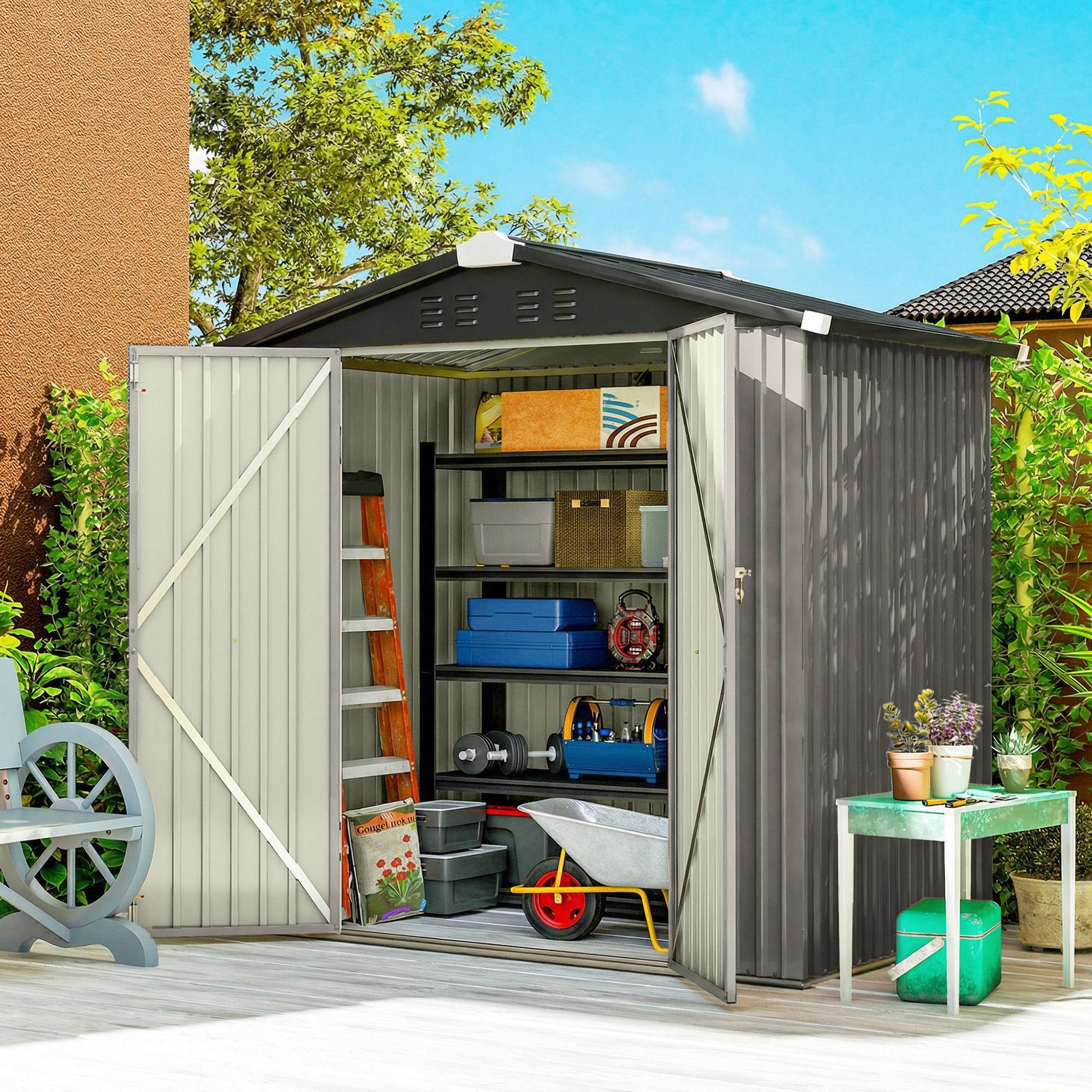 6.5' x 4' Metal Outdoor Storage Shed - Light Grey-Patio & Garden > Lawn & Garden > Sheds-DECOROLALA