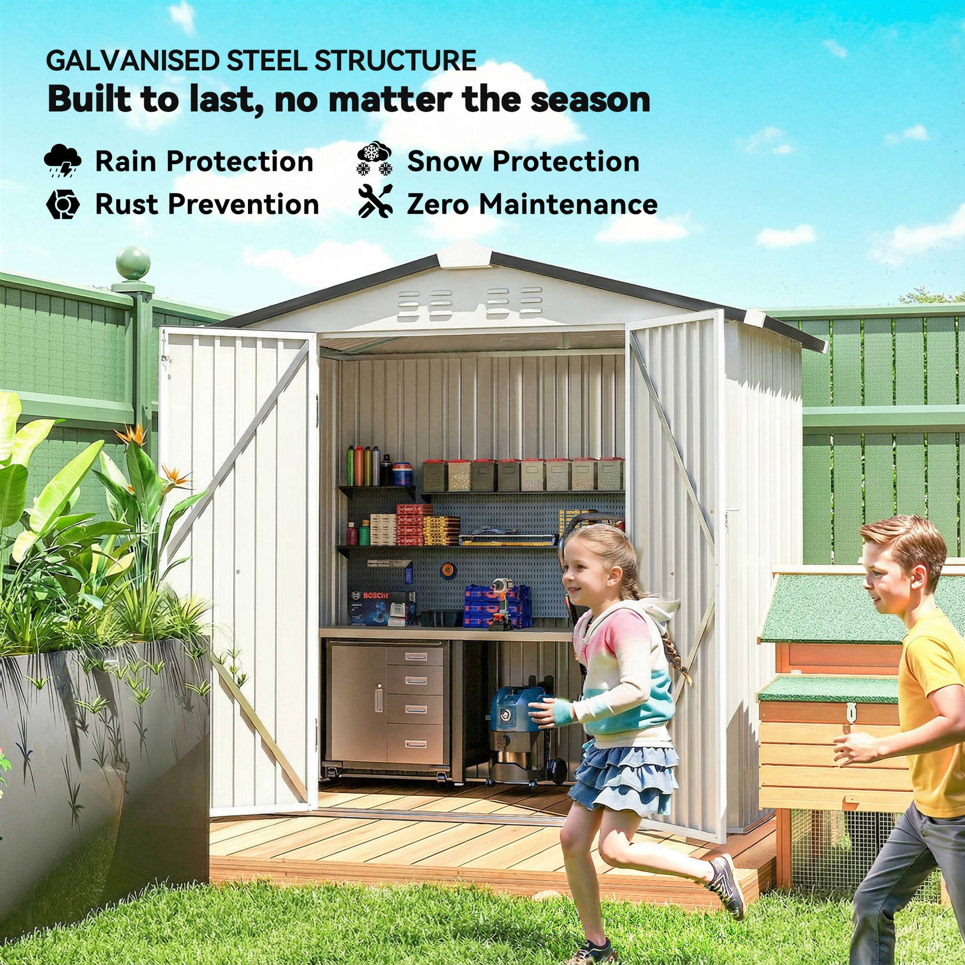 6.5' x 4' Metal Outdoor Storage Shed - Silver-White-Patio & Garden > Lawn & Garden > Sheds-DECOROLALA