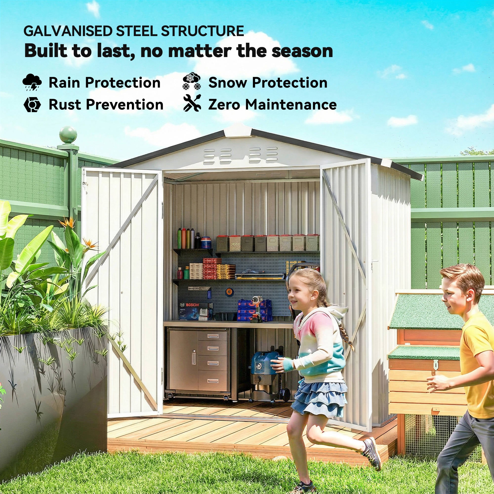 6.5' x 4' Metal Outdoor Storage Shed - Silver-White-Patio & Garden > Lawn & Garden > Sheds-DECOROLALA