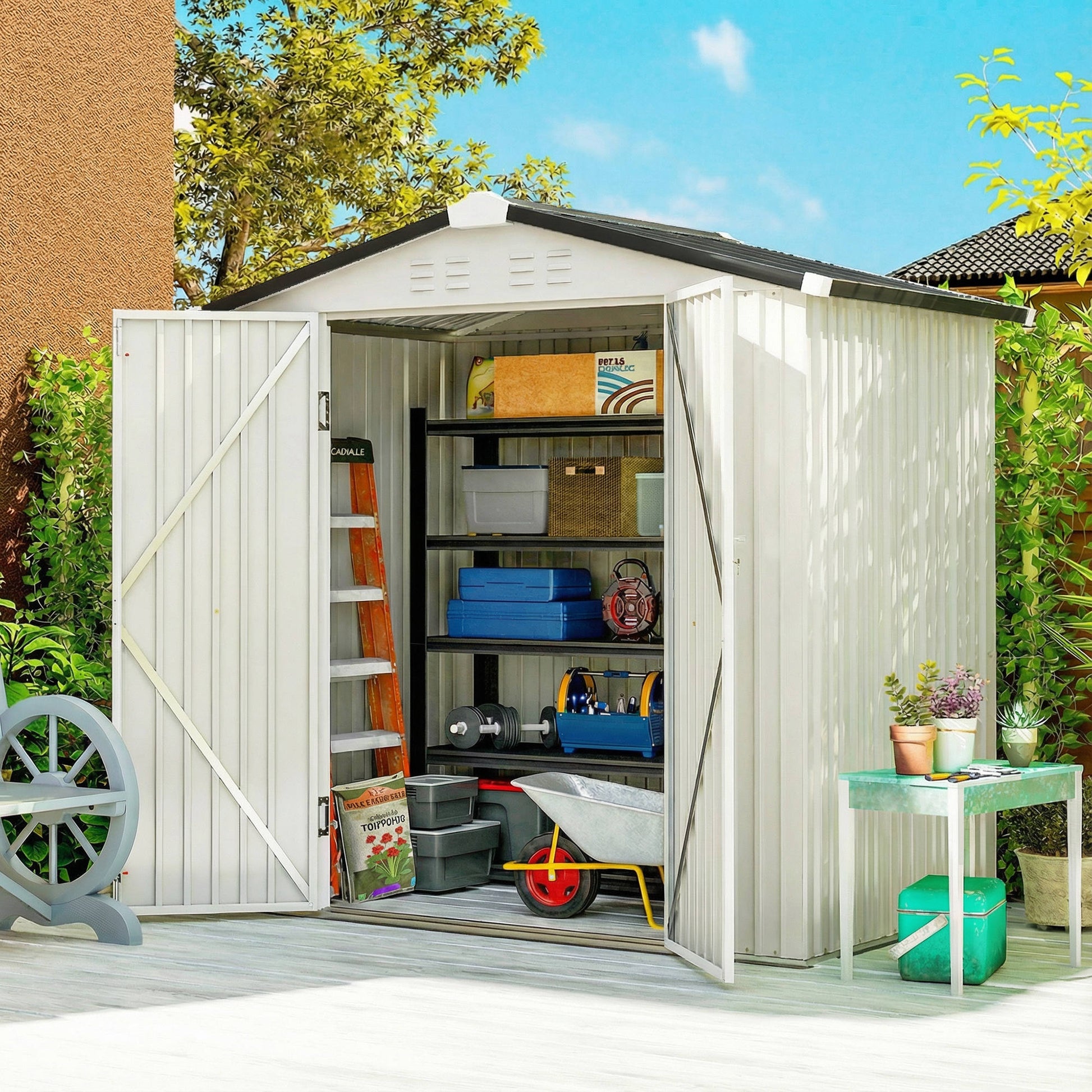 6.5' x 4' Metal Outdoor Storage Shed - Silver-White-Patio & Garden > Lawn & Garden > Sheds-DECOROLALA