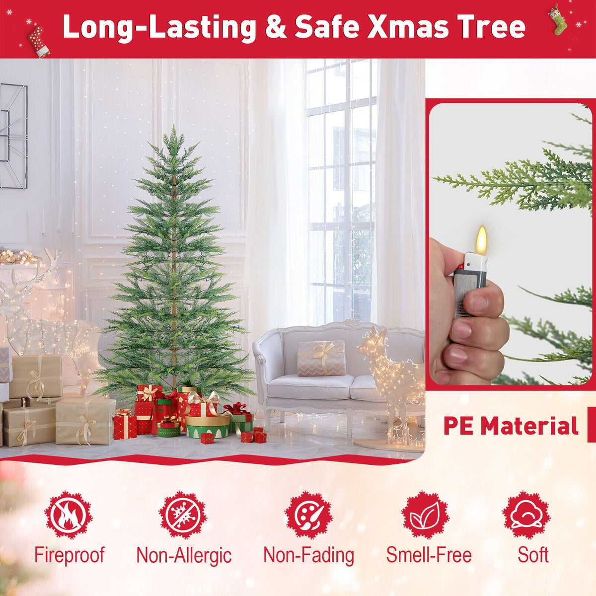 6.5/7.5 Feet Artificial Cypress Christmas Tree Pre-lit Hinged-6.5 ft-Christmas Trees-DECOROLALA