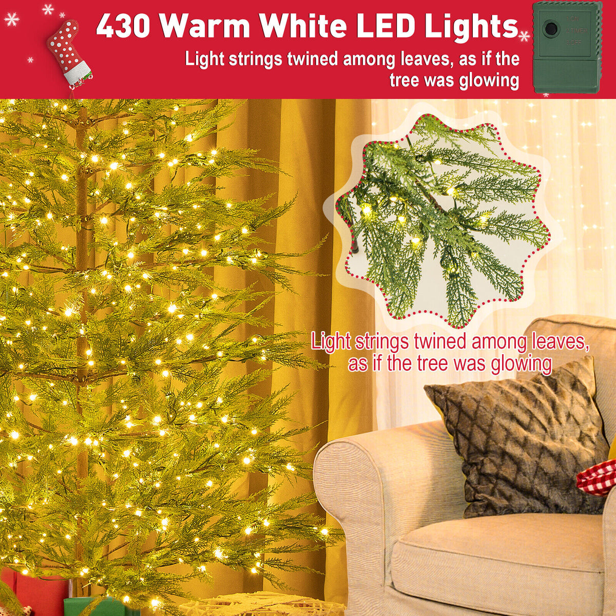 6.5/7.5 Feet Artificial Cypress Christmas Tree Pre-lit Hinged-6.5 ft-Christmas Trees-DECOROLALA