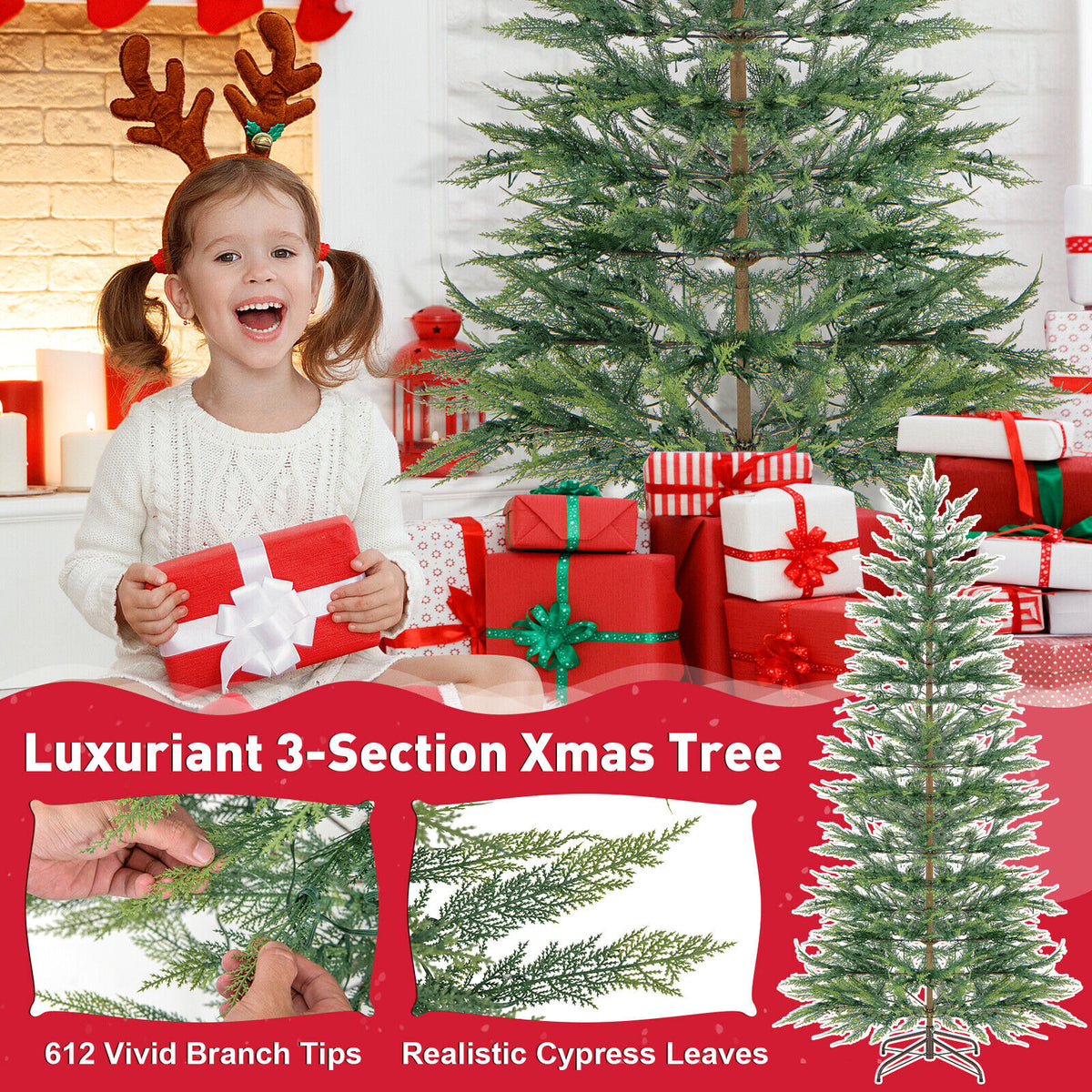 6.5/7.5 Feet Artificial Cypress Christmas Tree Pre-lit Hinged-7.5 ft-Christmas Trees-DECOROLALA