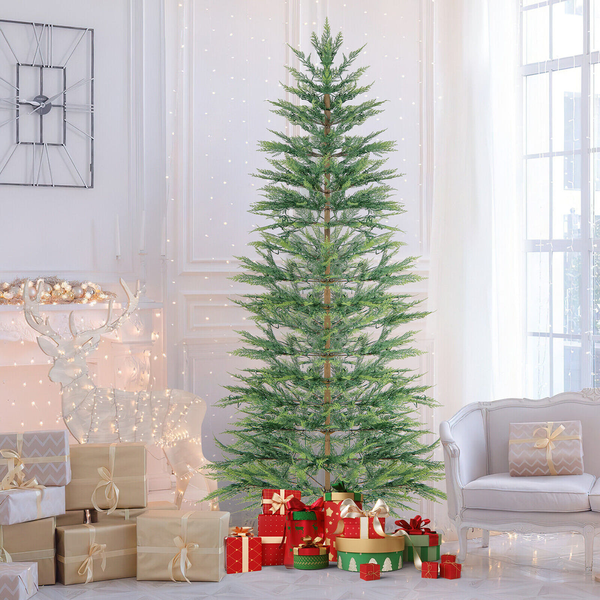 6.5/7.5 Feet Artificial Cypress Christmas Tree Pre-lit Hinged-7.5 ft-Christmas Trees-DECOROLALA