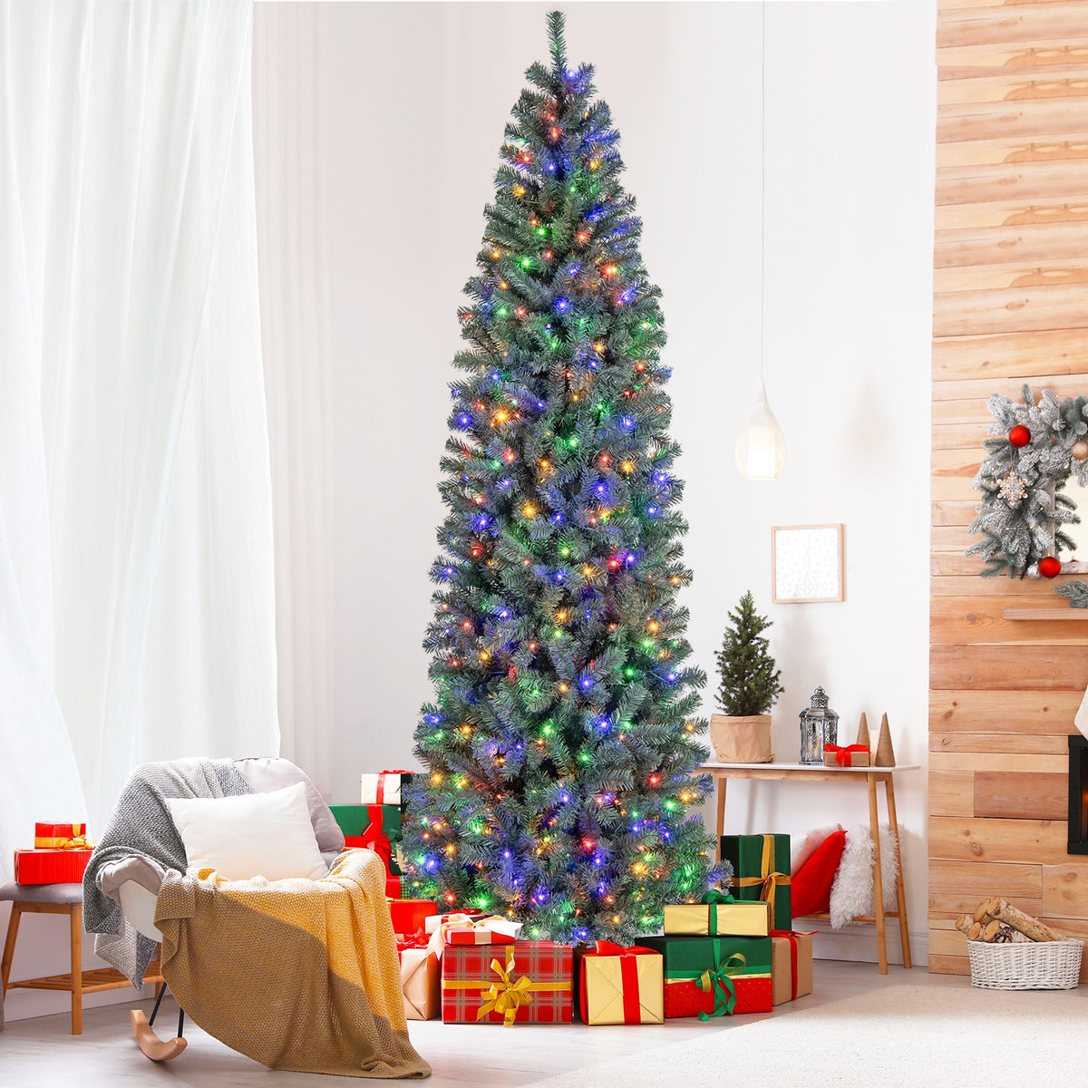 6.5/7.5 Feet Pre-Lit Blue Artificial Christmas Tree Slim with 9 Lighting Modes-9 ft-Christmas Trees-DECOROLALA