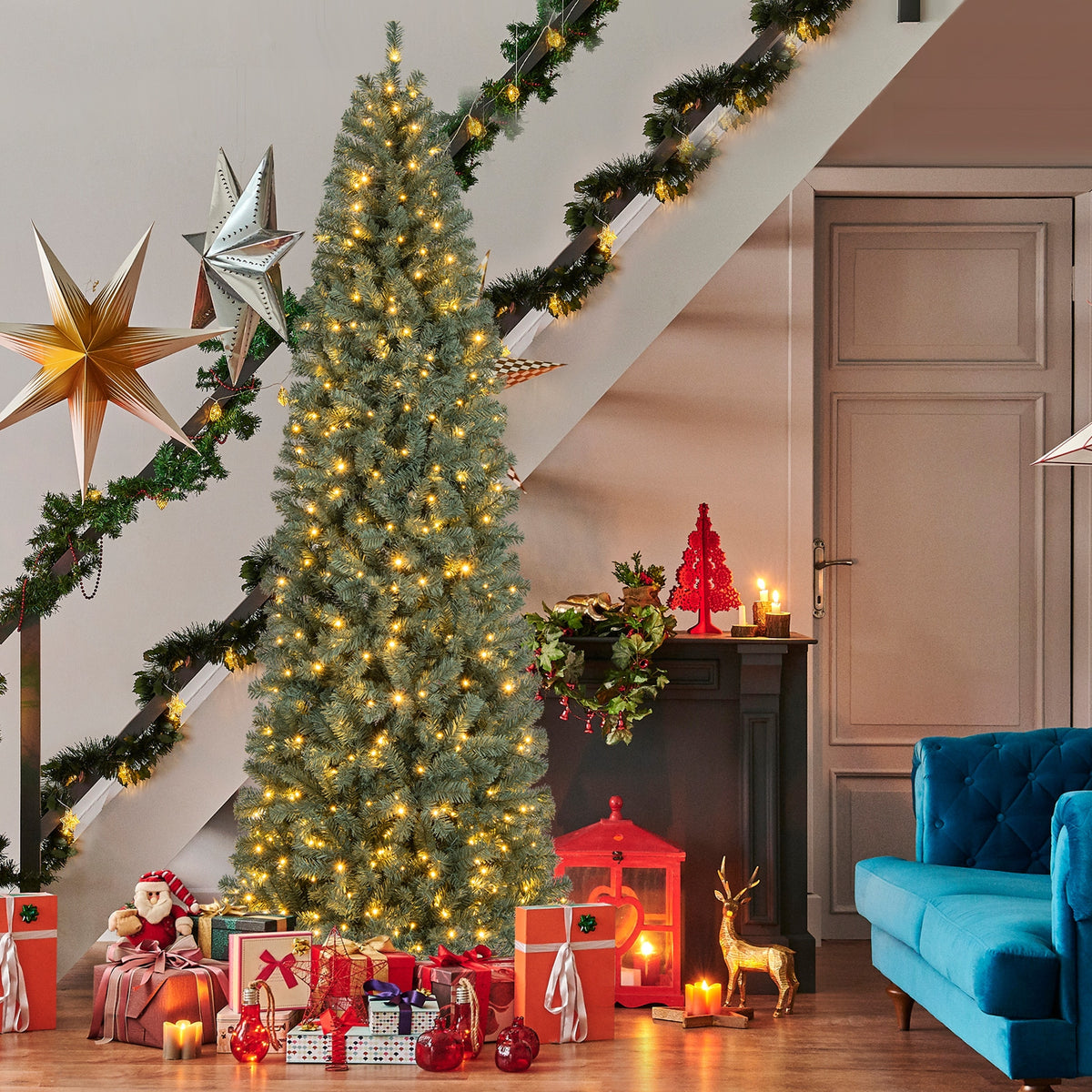 6.5/7.5 Feet Pre-Lit Blue Artificial Christmas Tree Slim with 9 Lighting Modes-9 ft-Christmas Trees-DECOROLALA