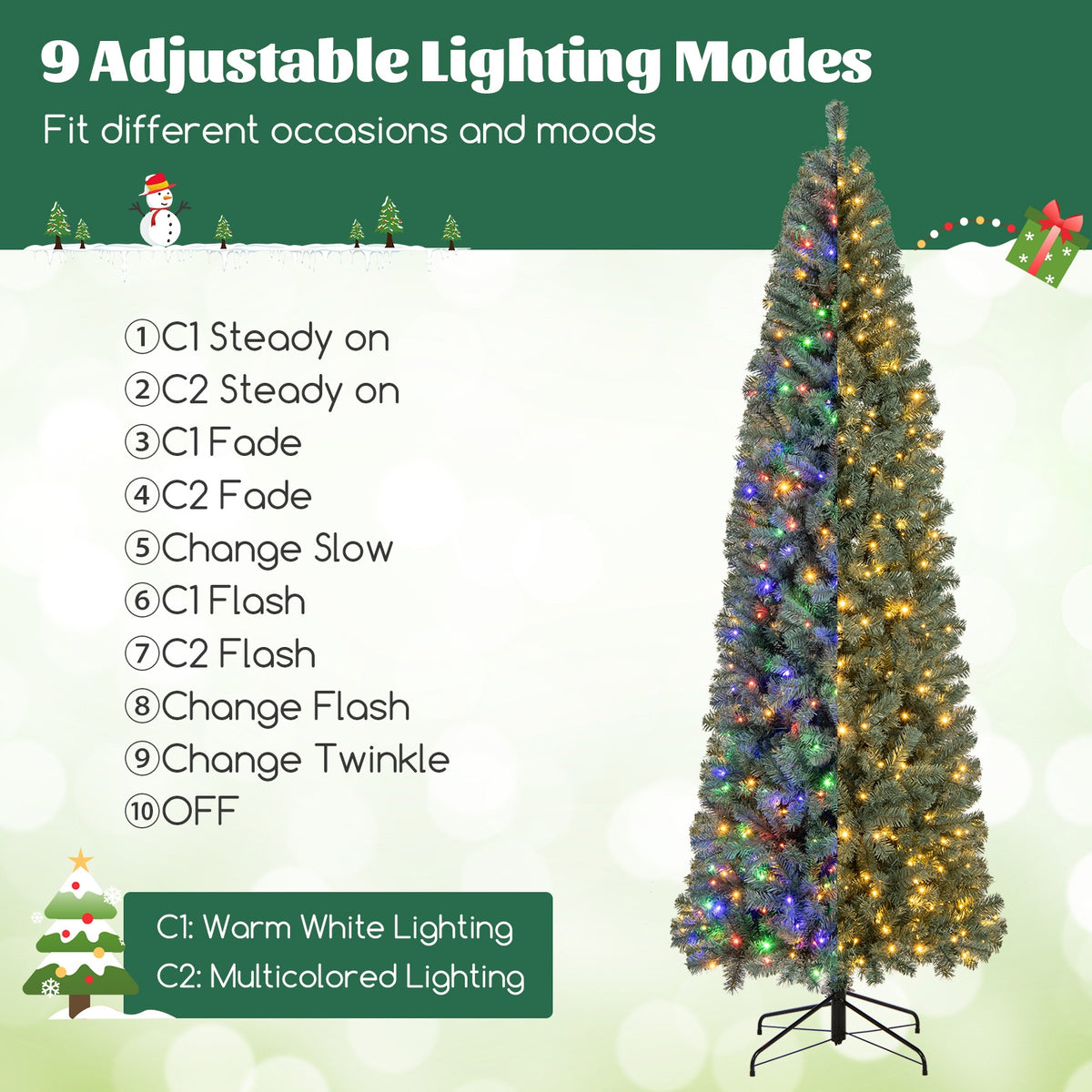 6.5/7.5 Feet Pre-Lit Blue Artificial Christmas Tree Slim with 9 Lighting Modes-9 ft-Christmas Trees-DECOROLALA