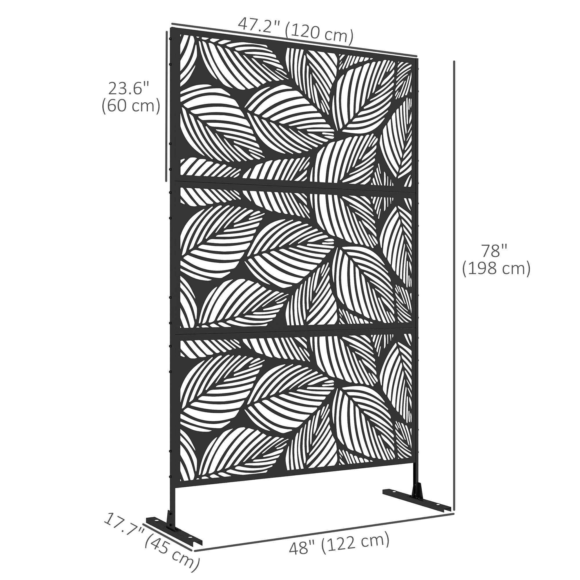 6.5ft Metal Outdoor Privacy Screen - Leaf Motif Black 3-Panel-DECOROLALA