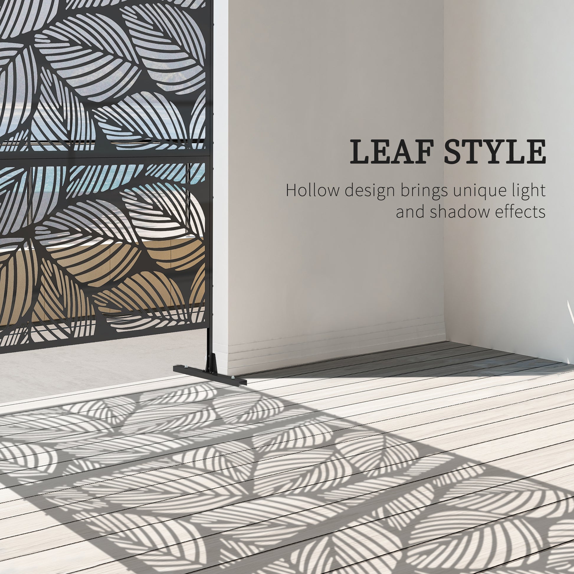 6.5ft Metal Outdoor Privacy Screen - Leaf Motif Black 3-Panel-DECOROLALA