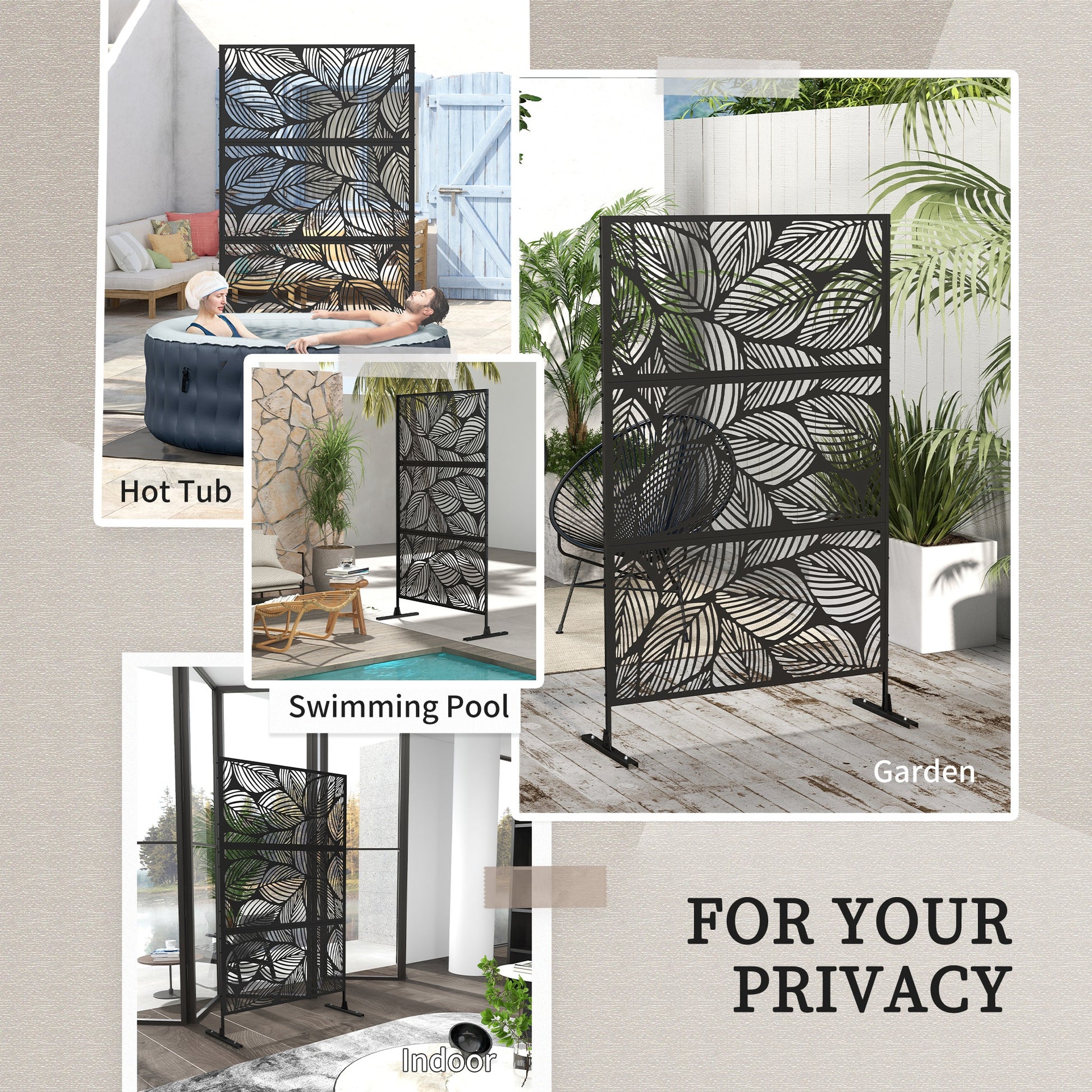 6.5ft Metal Outdoor Privacy Screen - Leaf Motif Black 3-Panel-DECOROLALA