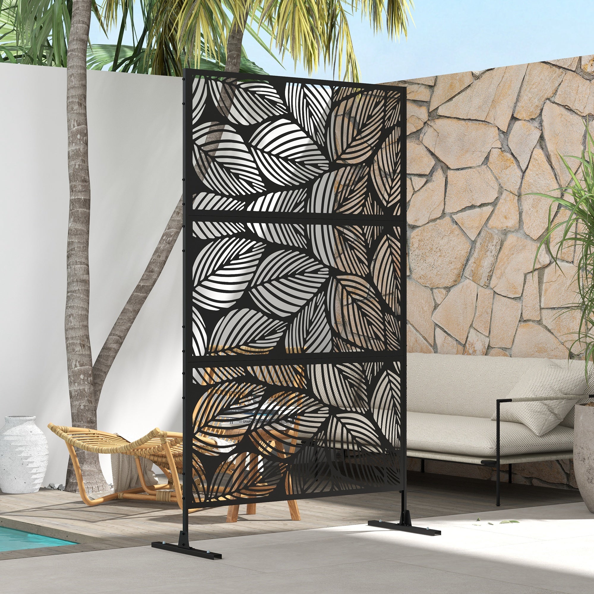 6.5ft Metal Outdoor Privacy Screen - Leaf Motif Black 3-Panel-DECOROLALA
