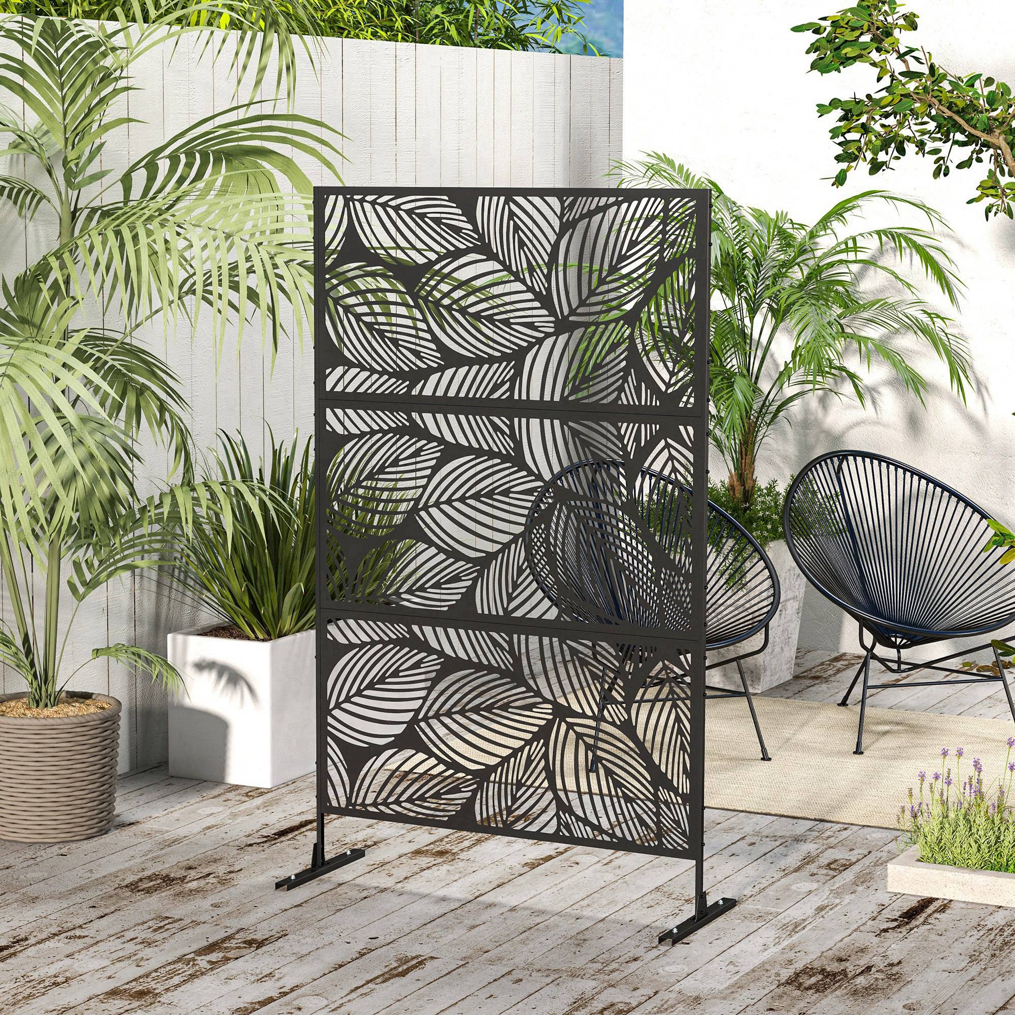 6.5ft Metal Outdoor Privacy Screen - Leaf Motif Black 3-Panel-DECOROLALA