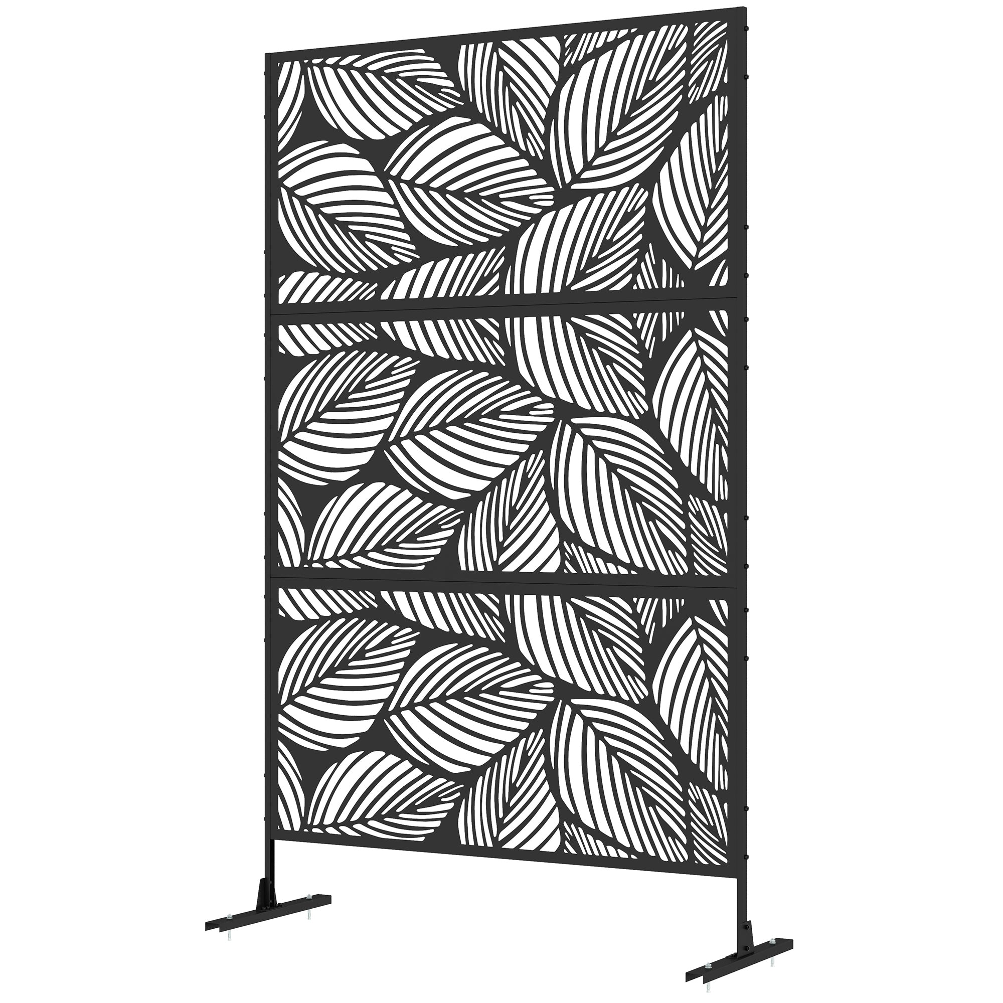 6.5ft Metal Outdoor Privacy Screen - Leaf Motif Black 3-Panel-DECOROLALA