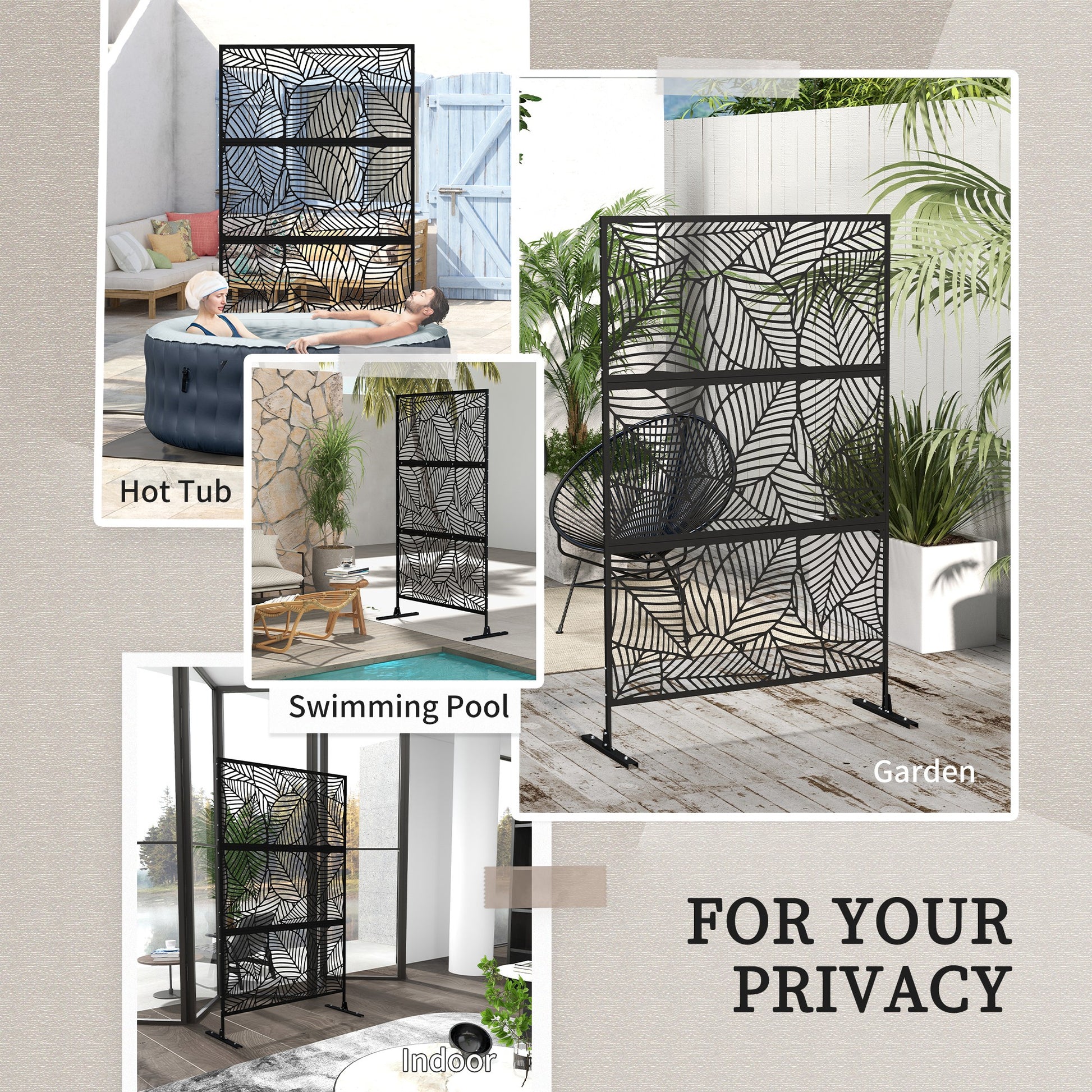 6.5ft Outdoor Metal Privacy Screen - Leaf Style Black-DECOROLALA
