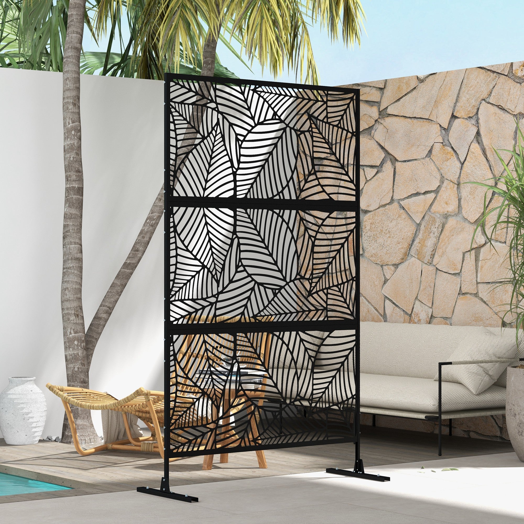 6.5ft Outdoor Metal Privacy Screen - Leaf Style Black-DECOROLALA