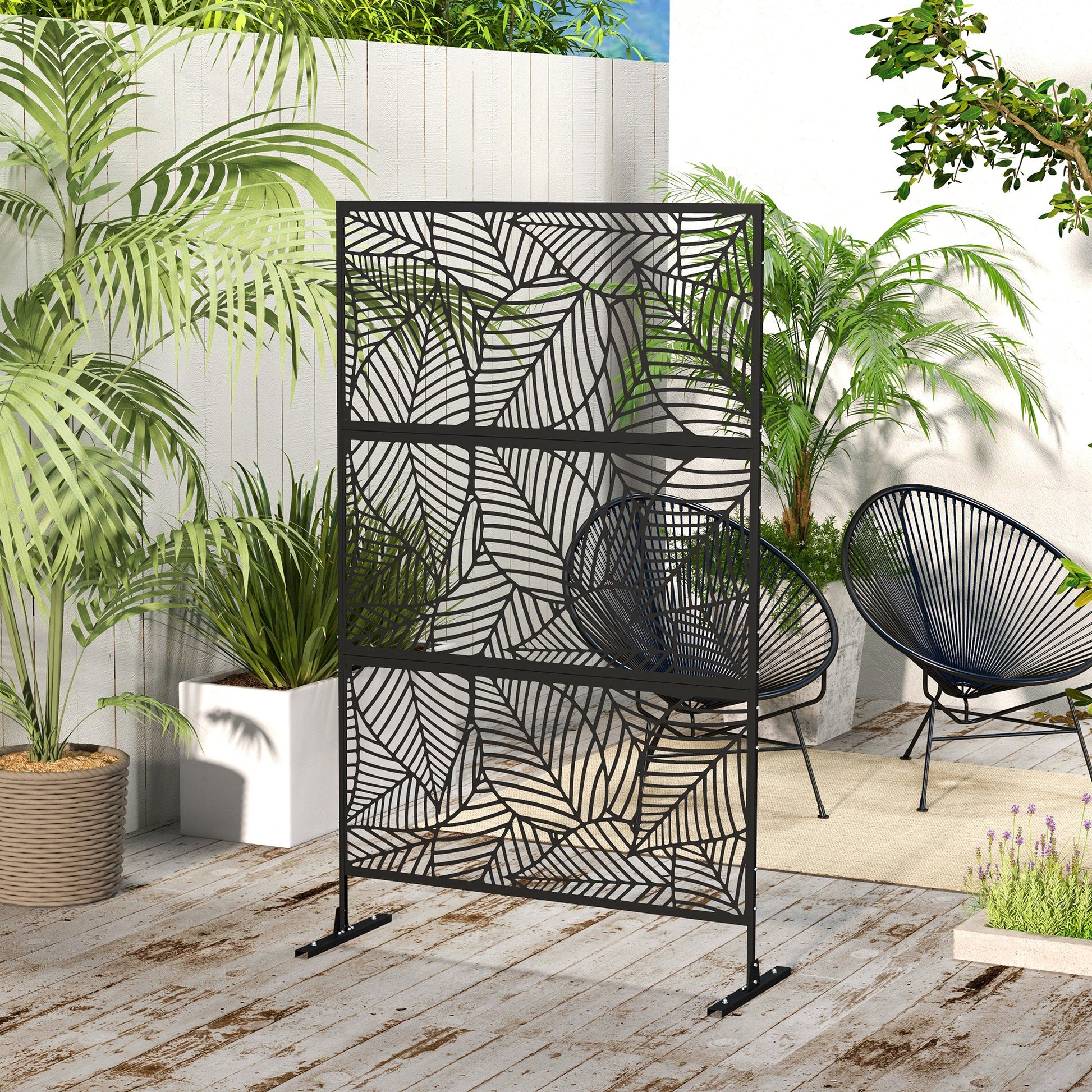 6.5ft Outdoor Metal Privacy Screen - Leaf Style Black-DECOROLALA
