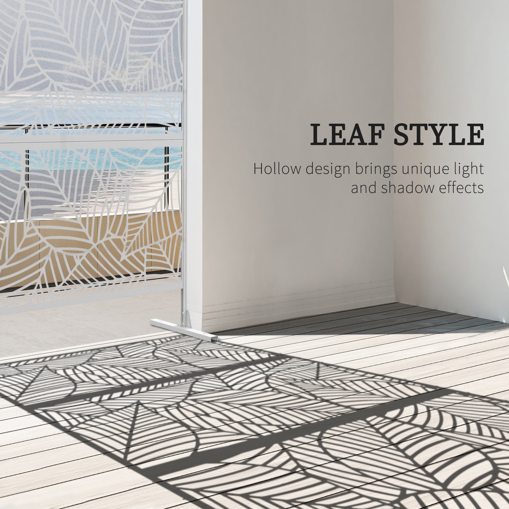 6.5ft Outdoor Metal Privacy Screen - White Leaf Motif Trellis-DECOROLALA