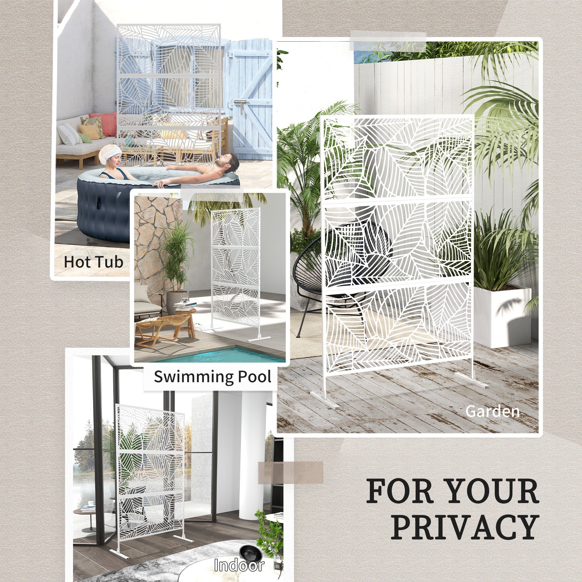 6.5ft Outdoor Metal Privacy Screen - White Leaf Motif Trellis-DECOROLALA