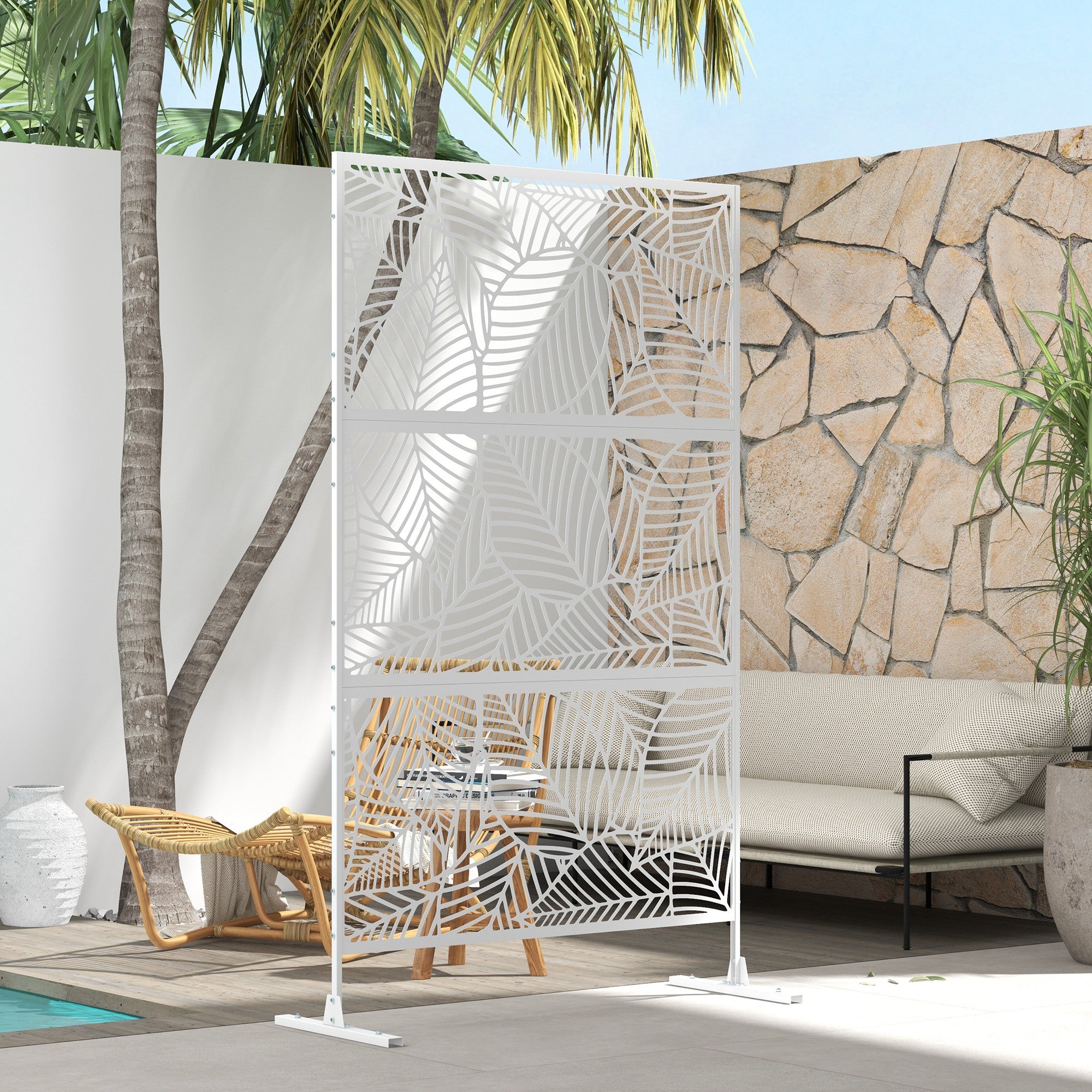 6.5ft Outdoor Metal Privacy Screen - White Leaf Motif Trellis-DECOROLALA