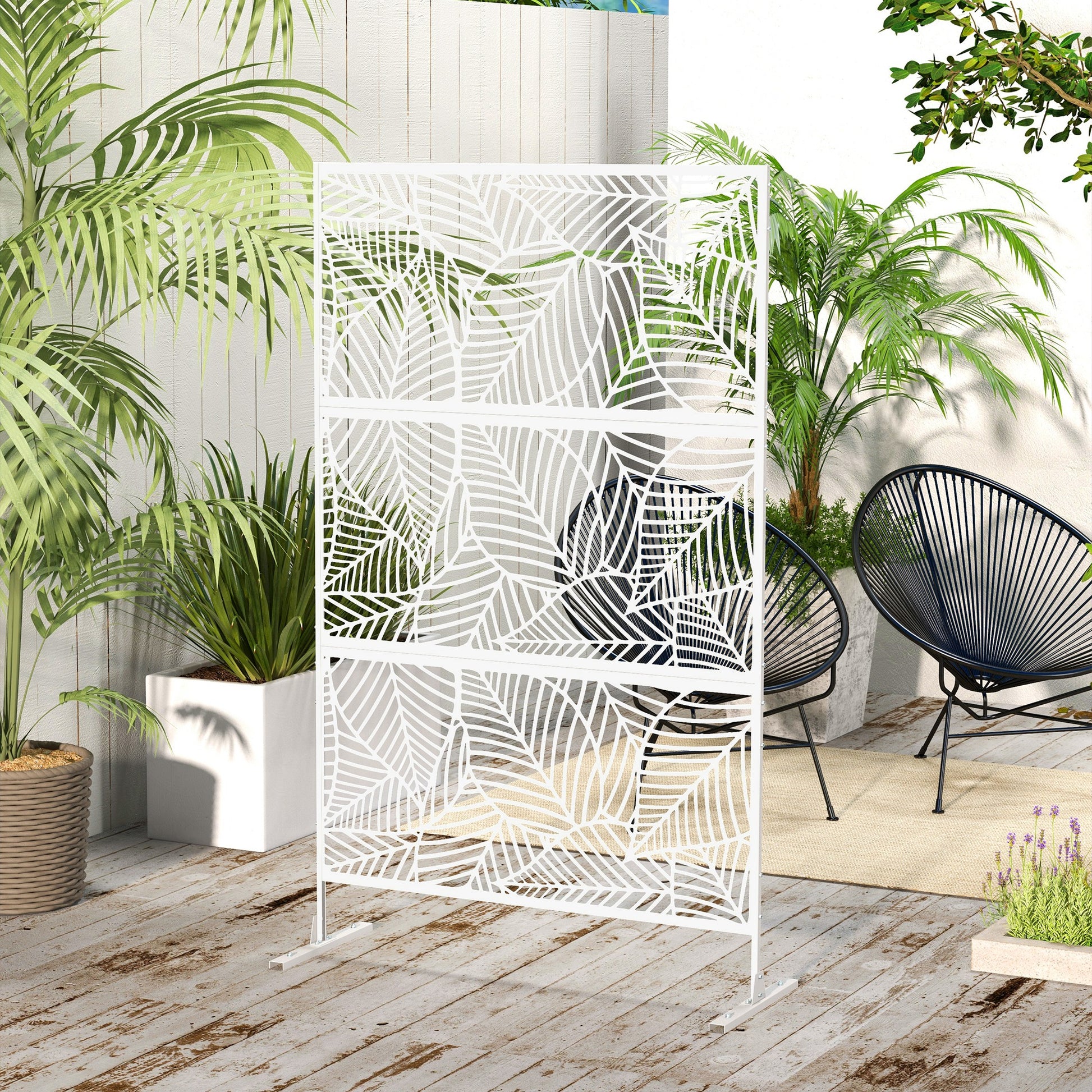 6.5ft Outdoor Metal Privacy Screen - White Leaf Motif Trellis-DECOROLALA