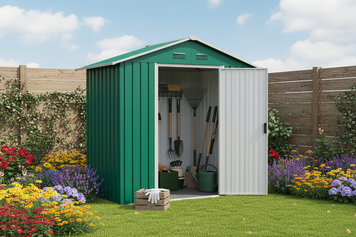 6.5x3.5ft Metal Garden Storage Shed - Green Steel 屋-Patio & Garden > Lawn & Garden > Sheds-DECOROLALA