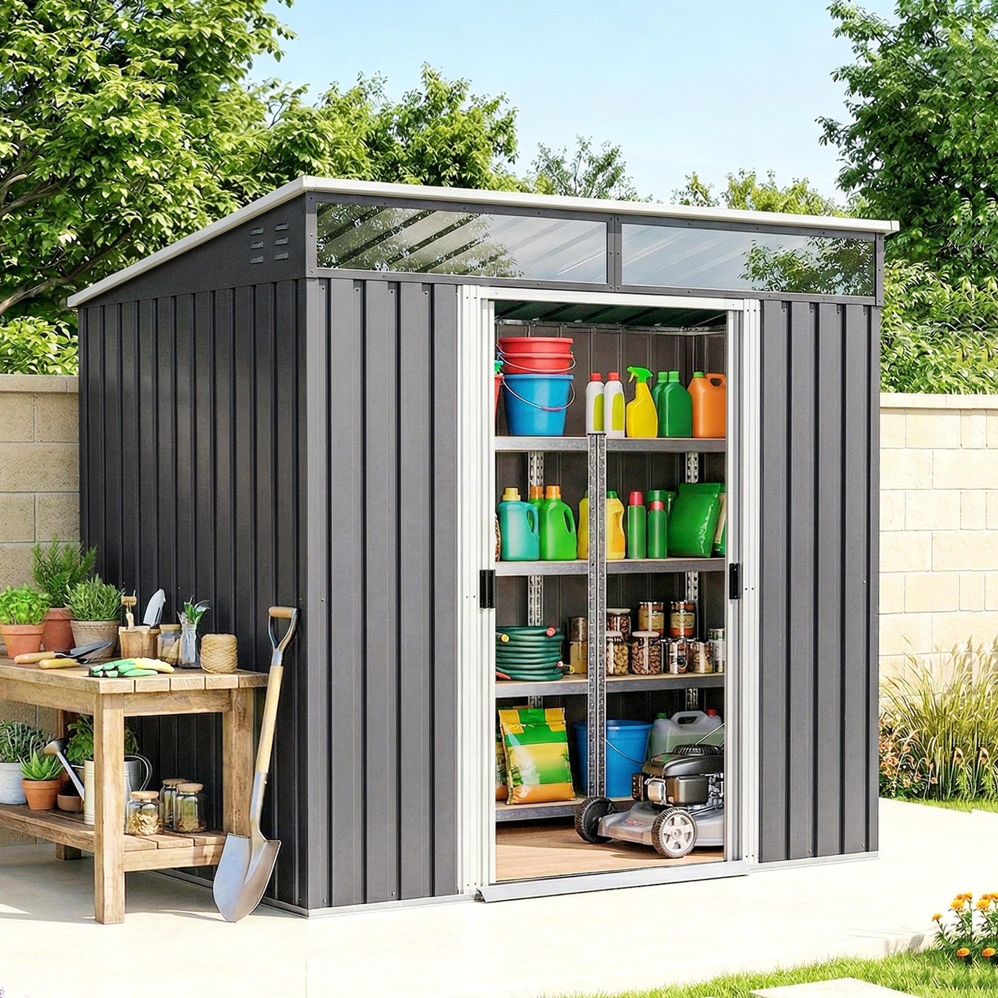 6.5x4FT Galvanized Metal Garden Shed with Foundation Kit - Grey-Patio & Garden > Lawn & Garden > Sheds-DECOROLALA