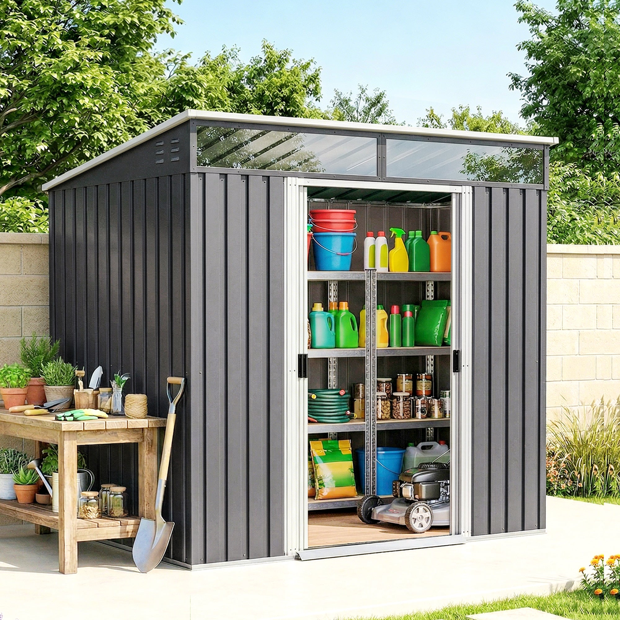 6.5x4FT Galvanized Metal Garden Shed with Foundation Kit - Grey-Patio & Garden > Lawn & Garden > Sheds-DECOROLALA