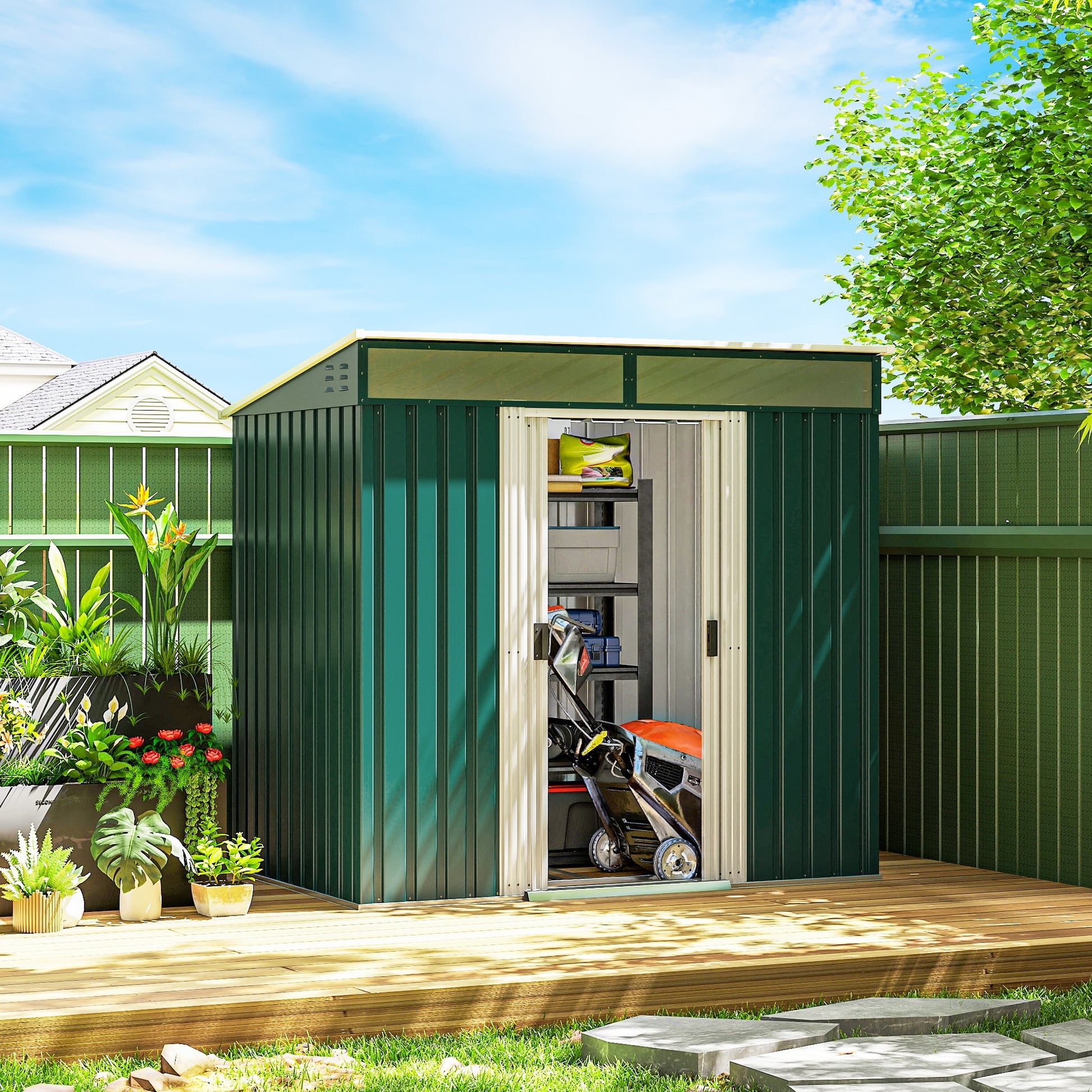 6.5x4ft Galvanized Metal Garden Shed with Foundation - Green-Patio & Garden > Lawn & Garden > Sheds-DECOROLALA