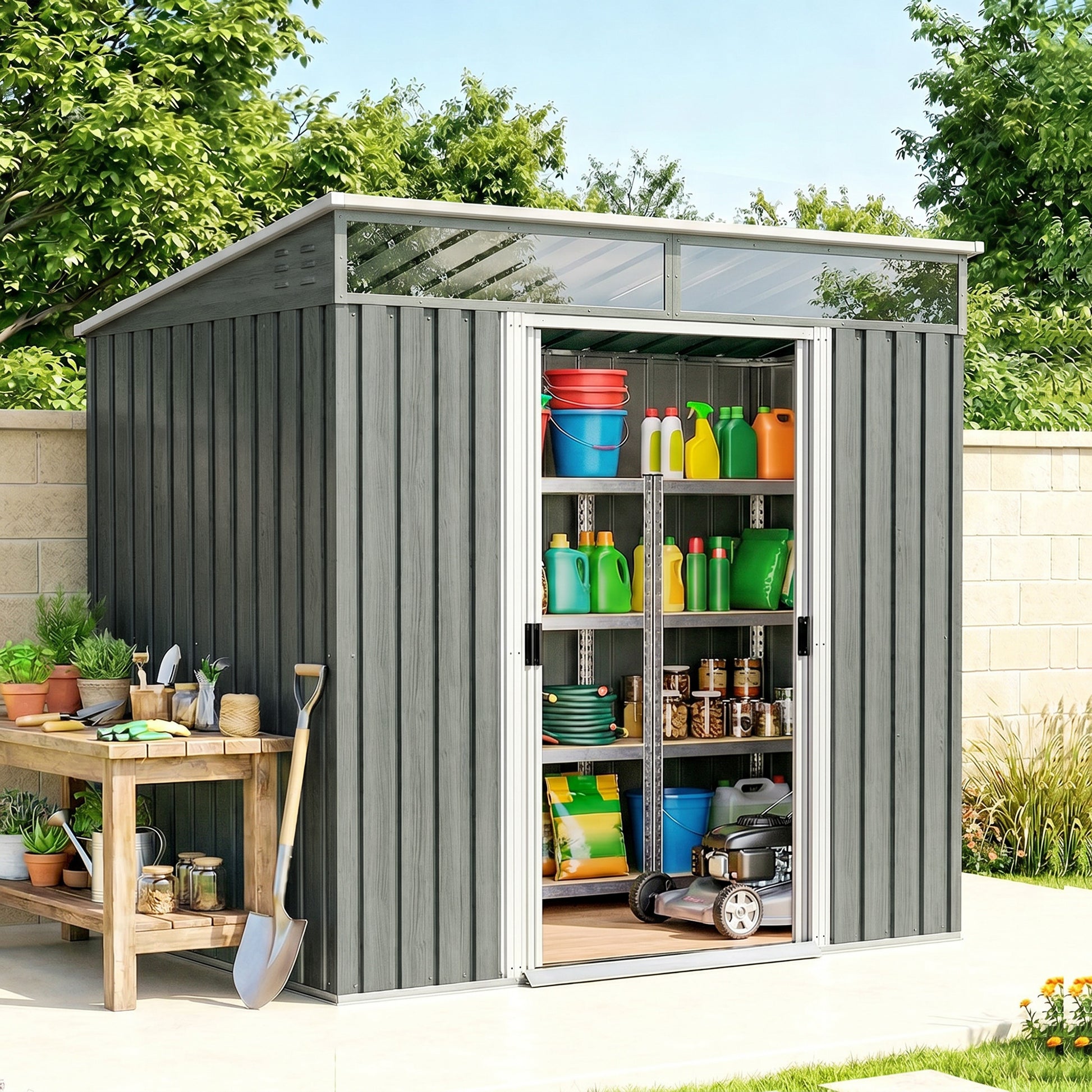 6.5x4ft Galvanized Metal Garden Shed with Foundation - Grey-Patio & Garden > Lawn & Garden > Sheds-DECOROLALA