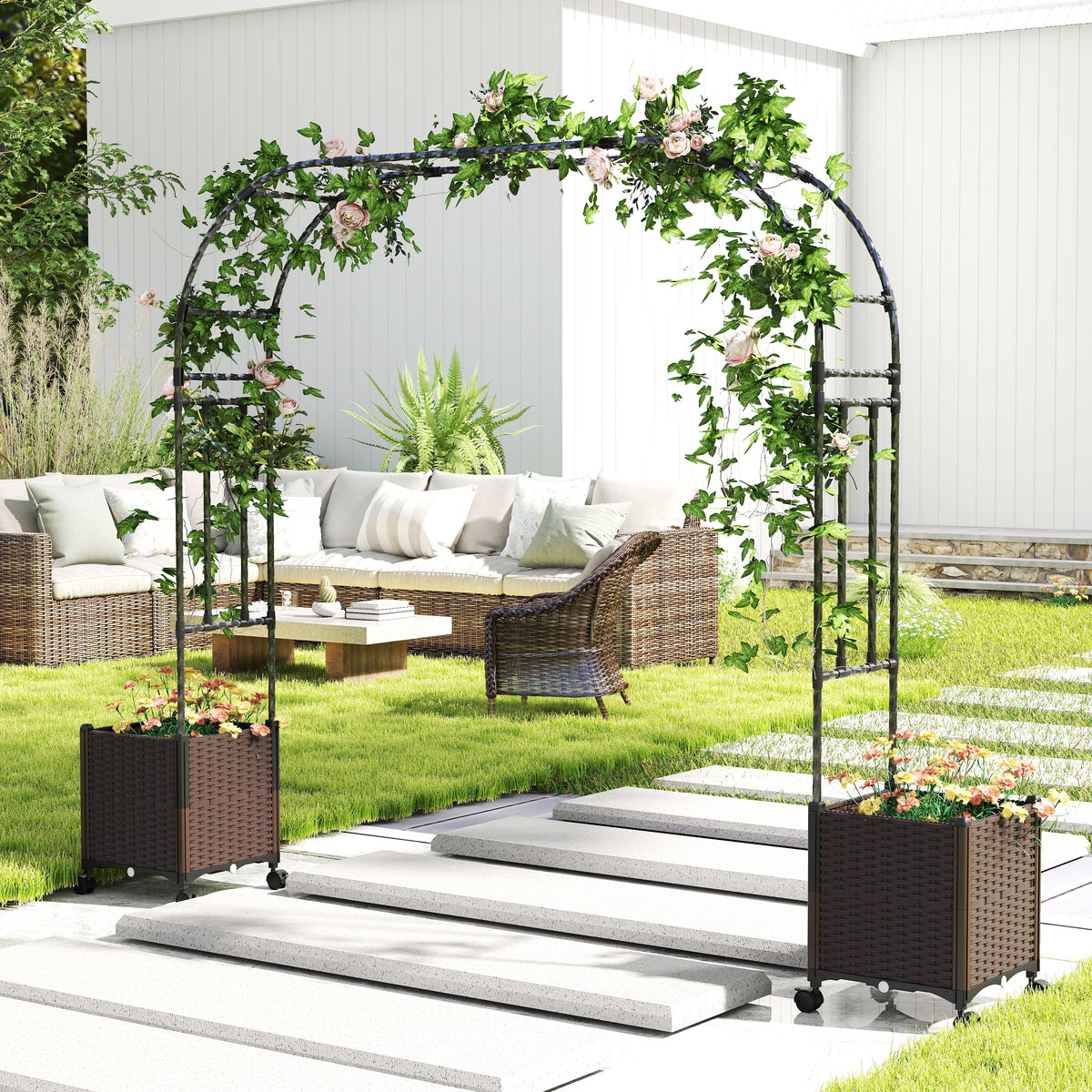 6.6 Feet Garden Arch Trellis with 2 Planter Boxes and Lockable Wheels-Black-Garden Arbors-DECOROLALA