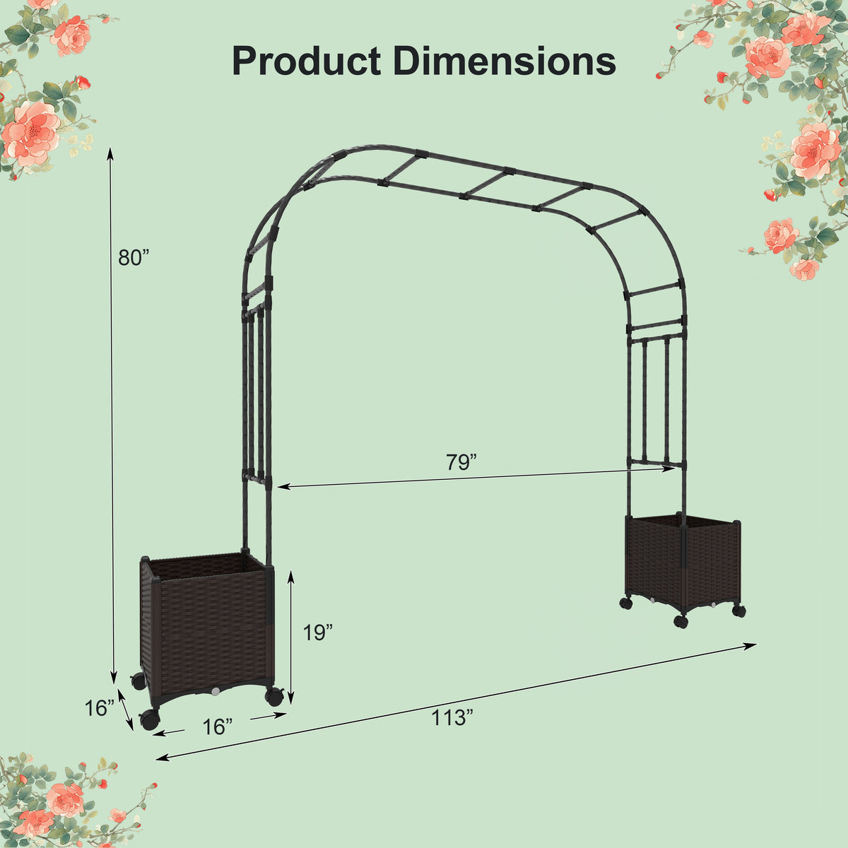 6.6 Feet Garden Arch Trellis with 2 Planter Boxes and Lockable Wheels-Black-Garden Arbors-DECOROLALA