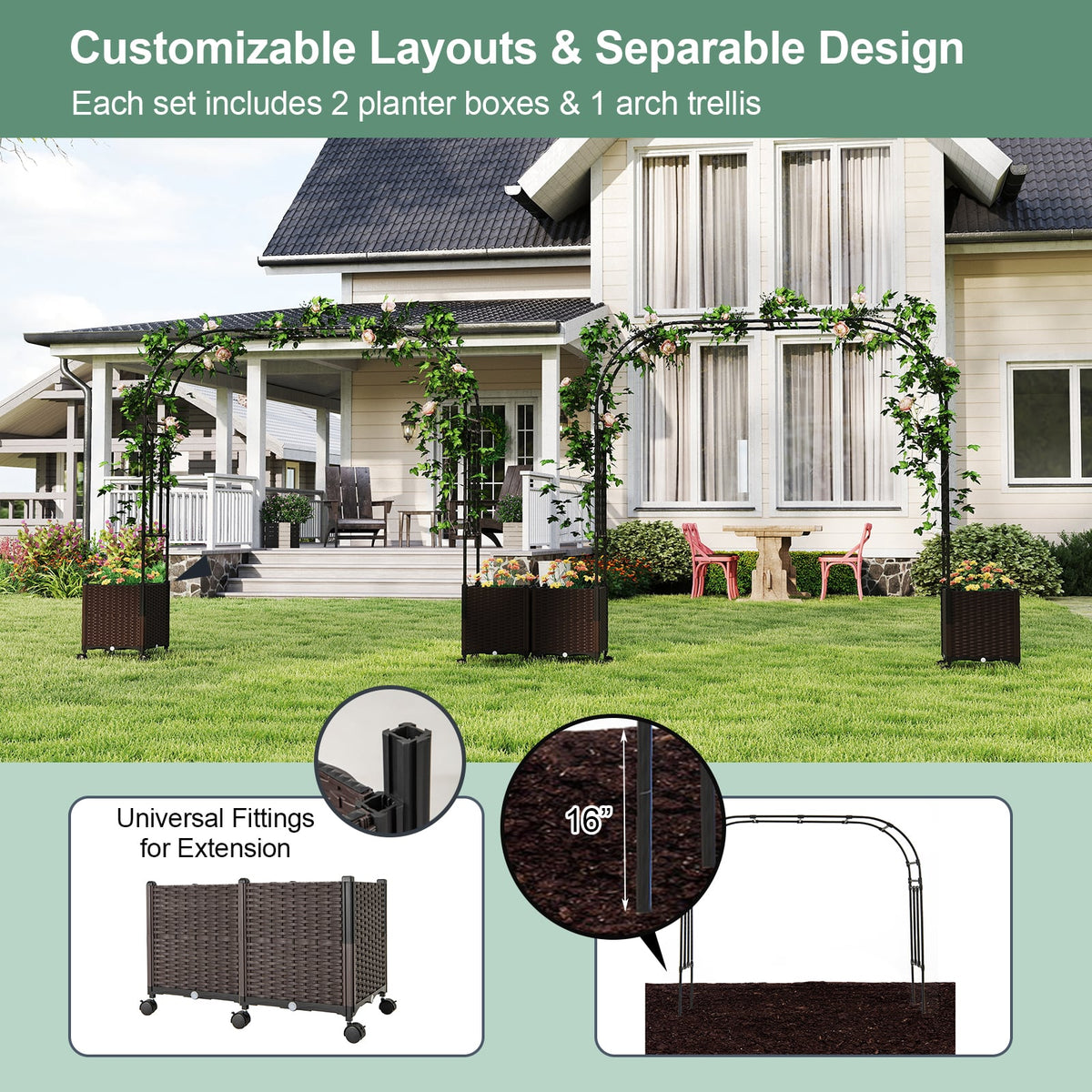 6.6 Feet Garden Arch Trellis with 2 Planter Boxes and Lockable Wheels-Black-Garden Arbors-DECOROLALA