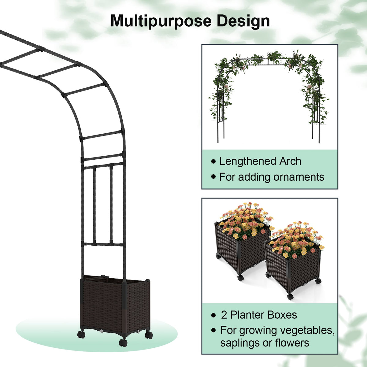 6.6 Feet Garden Arch Trellis with 2 Planter Boxes and Lockable Wheels-Black-Garden Arbors-DECOROLALA