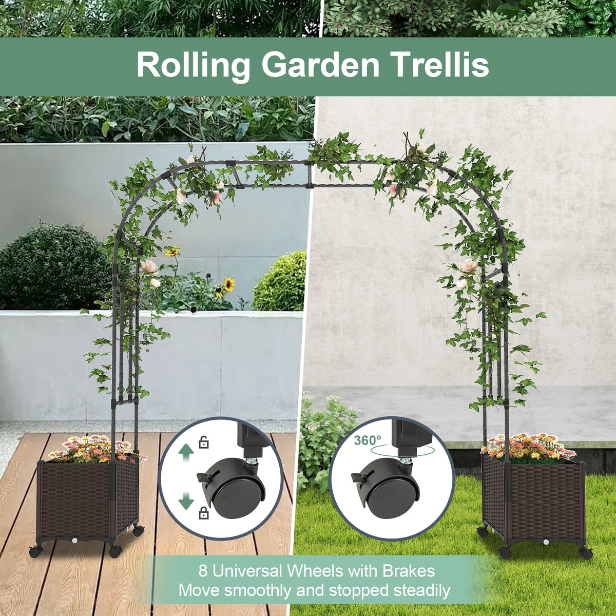 6.6 Feet Garden Arch Trellis with 2 Planter Boxes and Lockable Wheels-Black-Garden Arbors-DECOROLALA