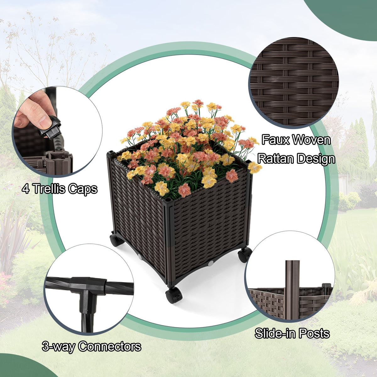 6.6 Feet Garden Arch Trellis with 2 Planter Boxes and Lockable Wheels-Black-Garden Arbors-DECOROLALA