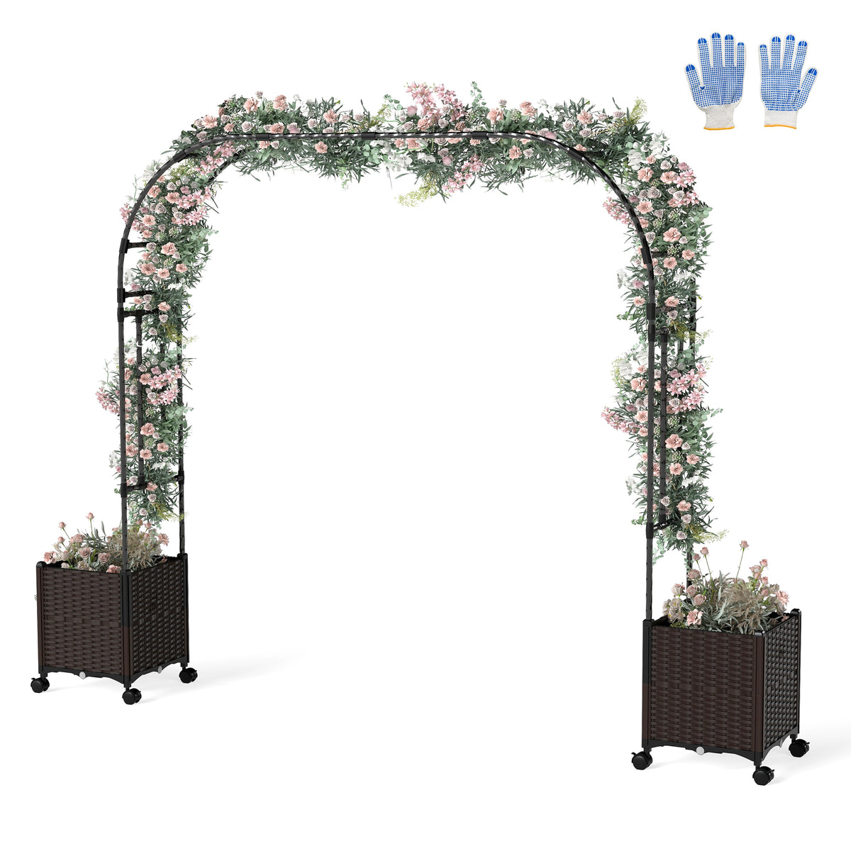 6.6 Feet Garden Arch Trellis with 2 Planter Boxes and Lockable Wheels-Black-Garden Arbors-DECOROLALA