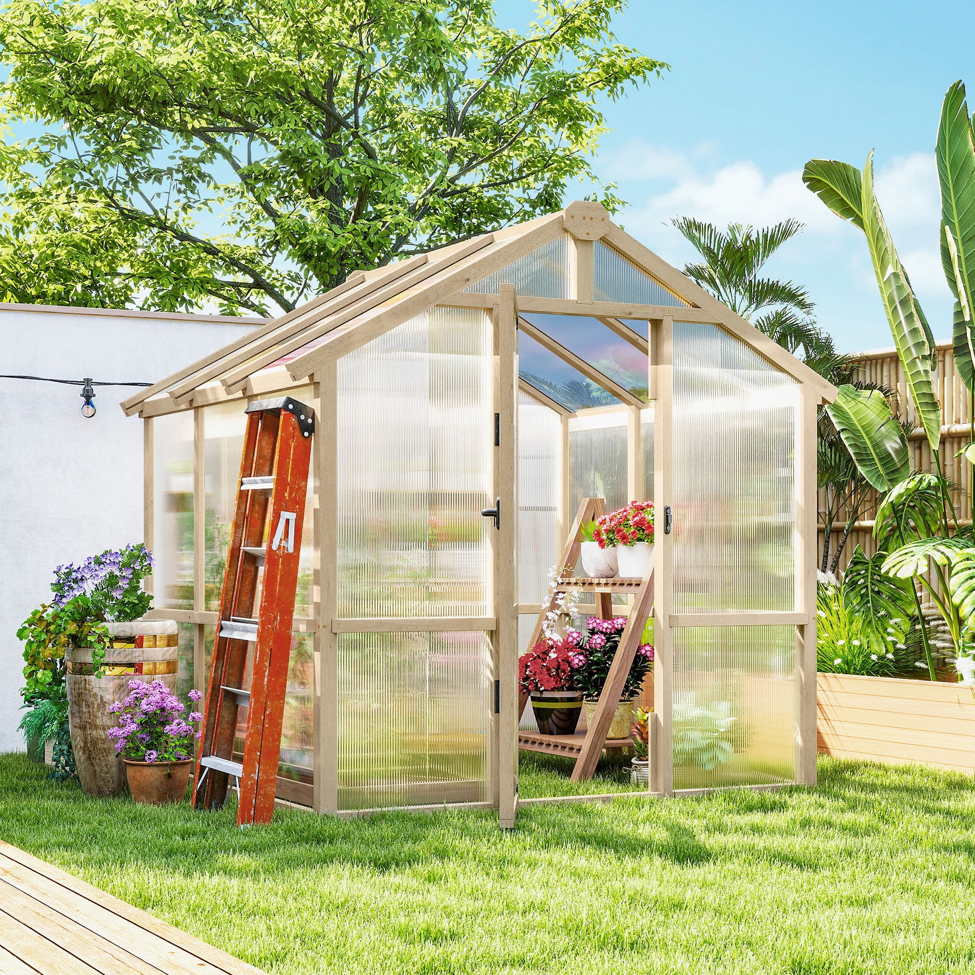 6.6' x 6' Wooden Greenhouse - Brown Fir Wood Frame-DECOROLALA