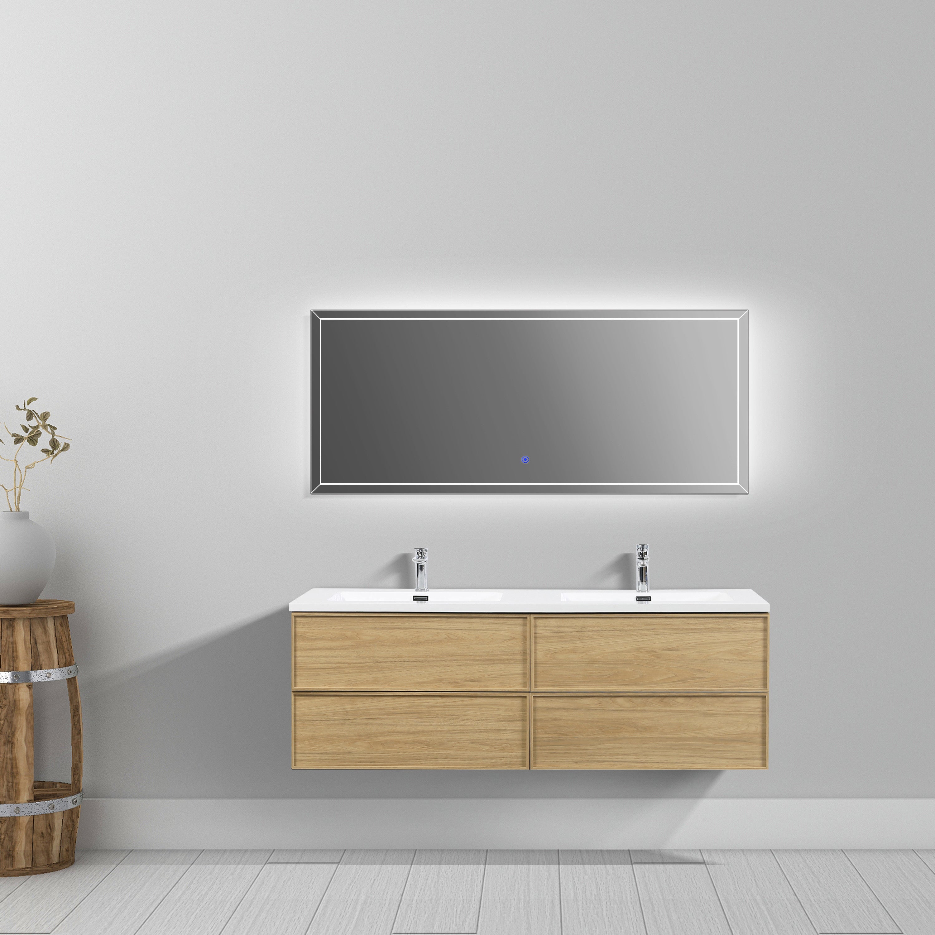 60" Sunset Walnut Wall Mount Double Sink Bathroom Vanity with White Polymarble Countertop