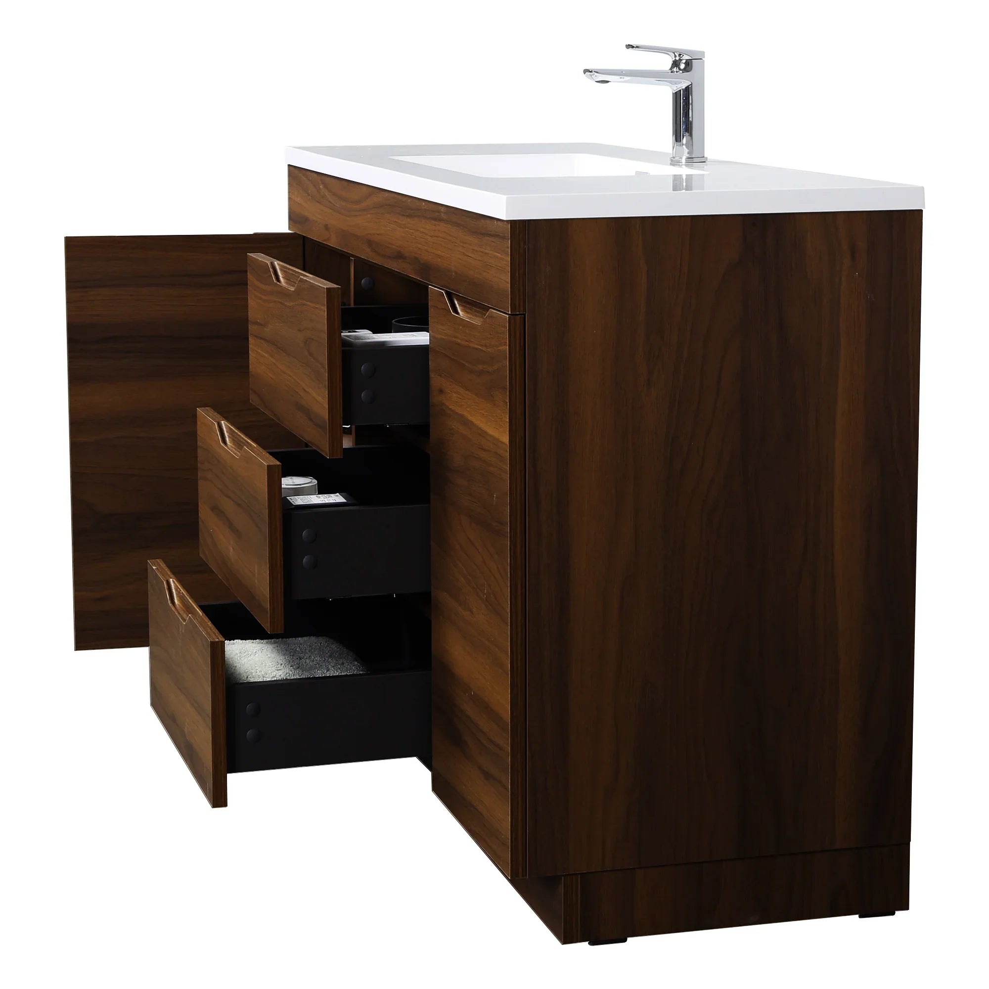 48" Walnut Freestanding Bathroom Vanity with White Polymarble Countertop