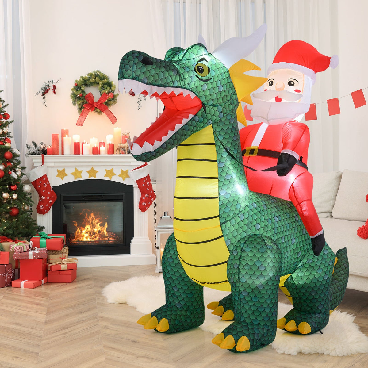 6.7 Feet Christmas Inflatable Santa Claus Ride on Dinosaur with Built-in LED Lights-Christmas Inflatables-DECOROLALA