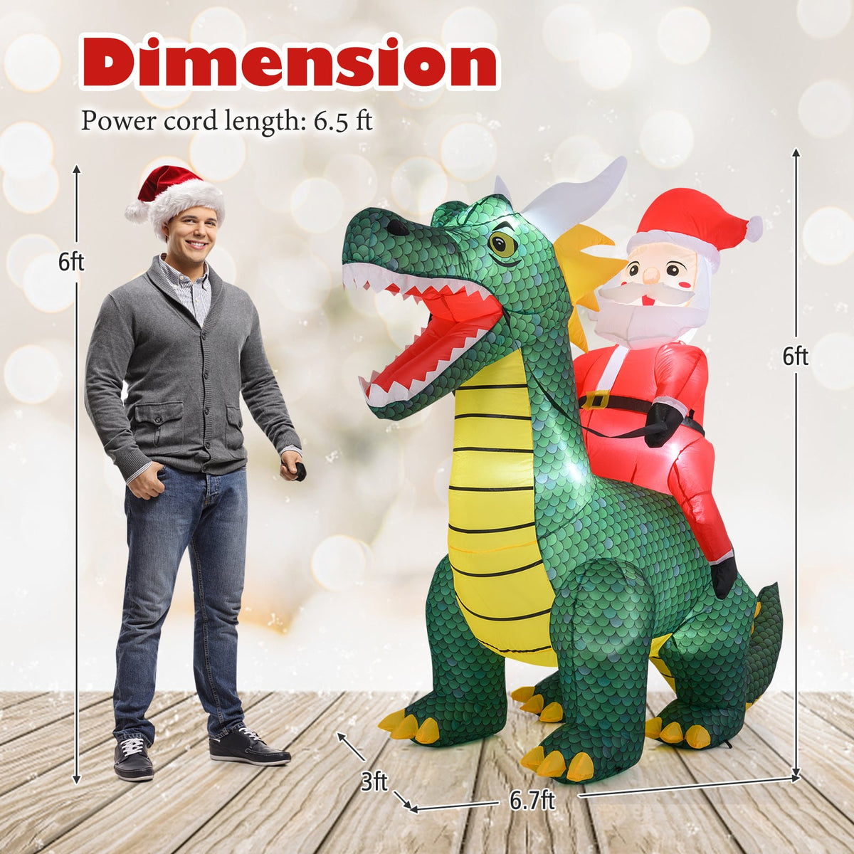 6.7 Feet Christmas Inflatable Santa Claus Ride on Dinosaur with Built-in LED Lights-Christmas Inflatables-DECOROLALA