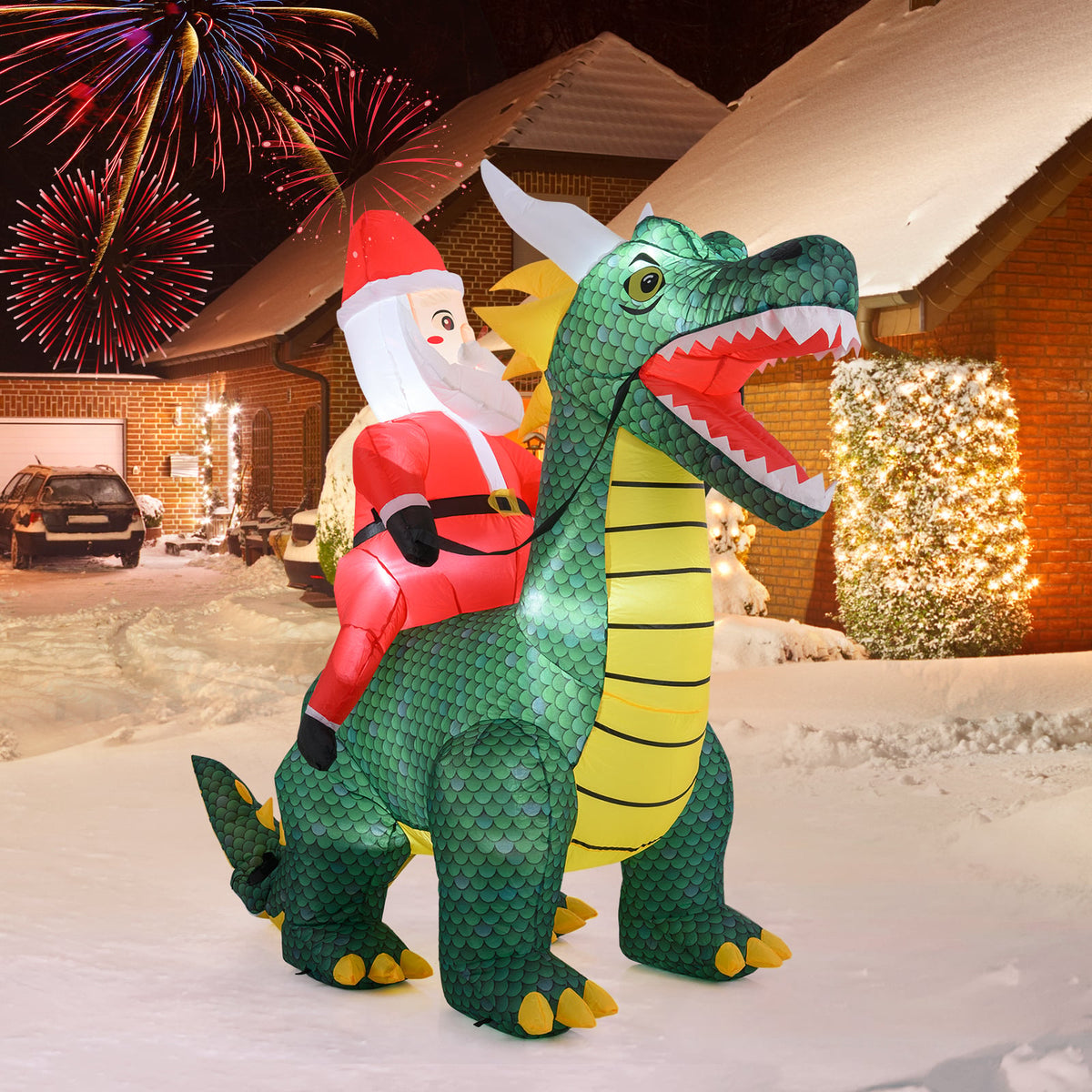 6.7 Feet Christmas Inflatable Santa Claus Ride on Dinosaur with Built-in LED Lights-Christmas Inflatables-DECOROLALA
