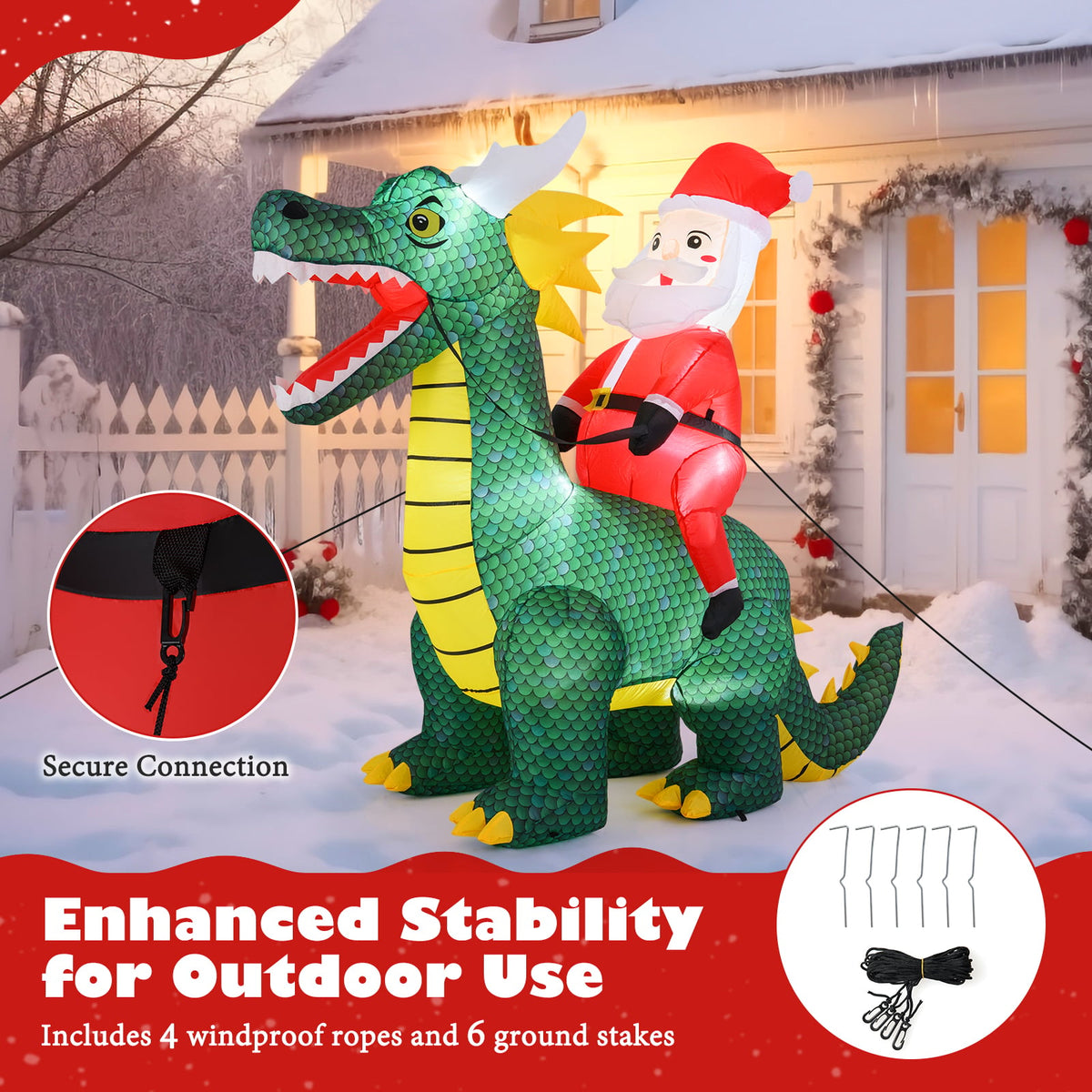 6.7 Feet Christmas Inflatable Santa Claus Ride on Dinosaur with Built-in LED Lights-Christmas Inflatables-DECOROLALA