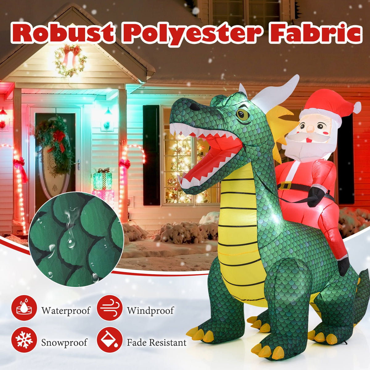 6.7 Feet Christmas Inflatable Santa Claus Ride on Dinosaur with Built-in LED Lights-Christmas Inflatables-DECOROLALA