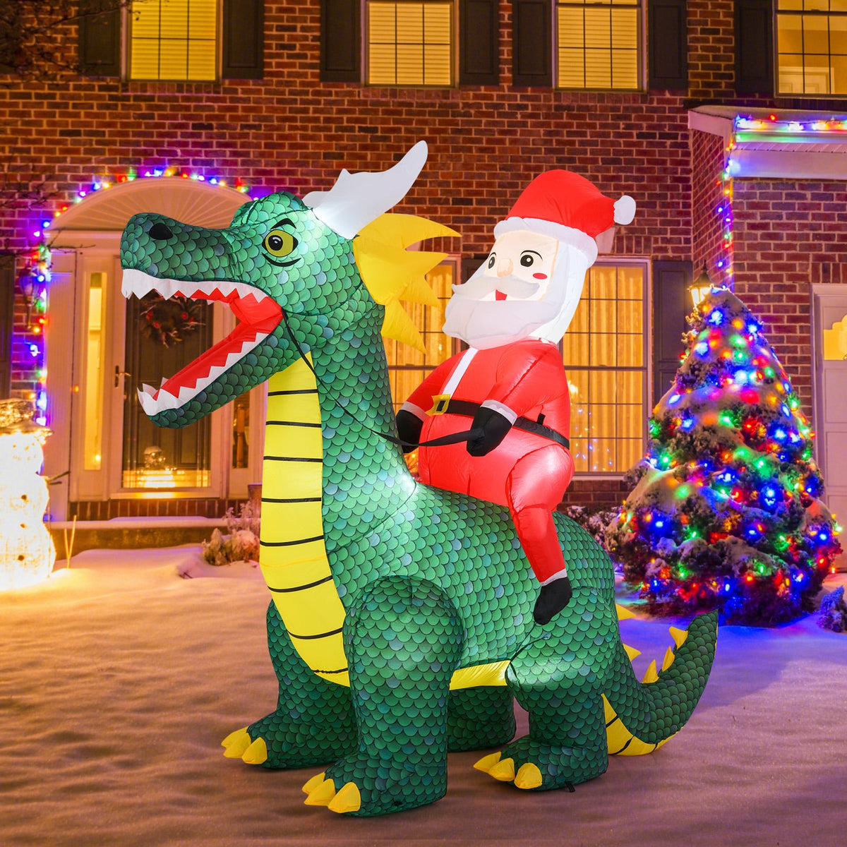 6.7 Feet Christmas Inflatable Santa Claus Ride on Dinosaur with Built-in LED Lights-Christmas Inflatables-DECOROLALA