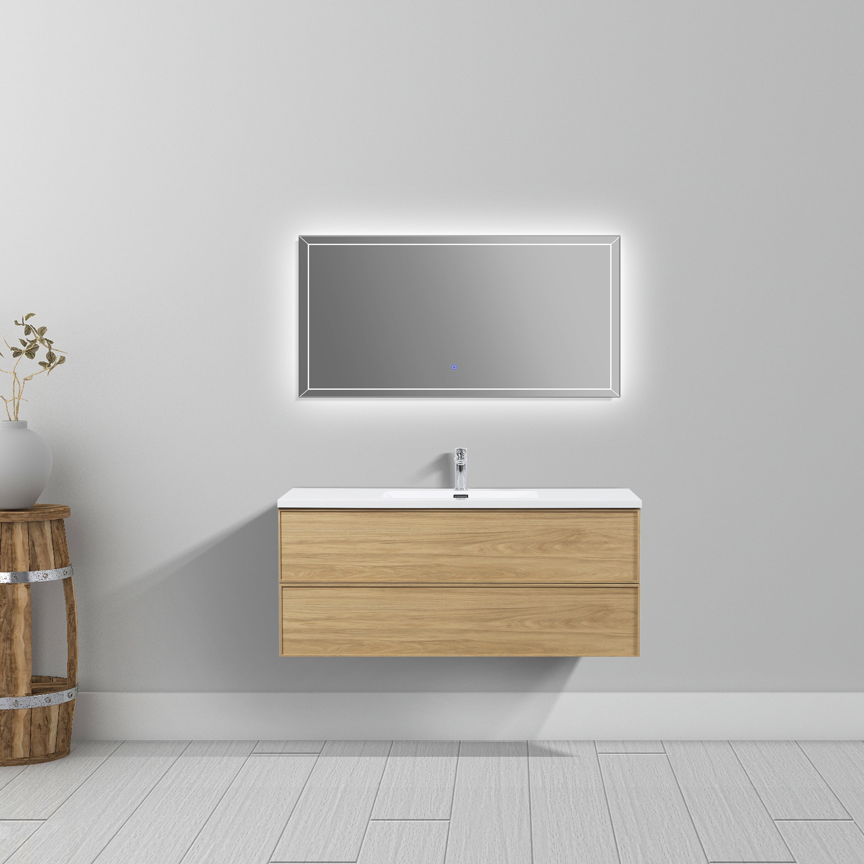 48" Sunset Walnut Wall Mount Bathroom Vanity with White Polymarble Countertop