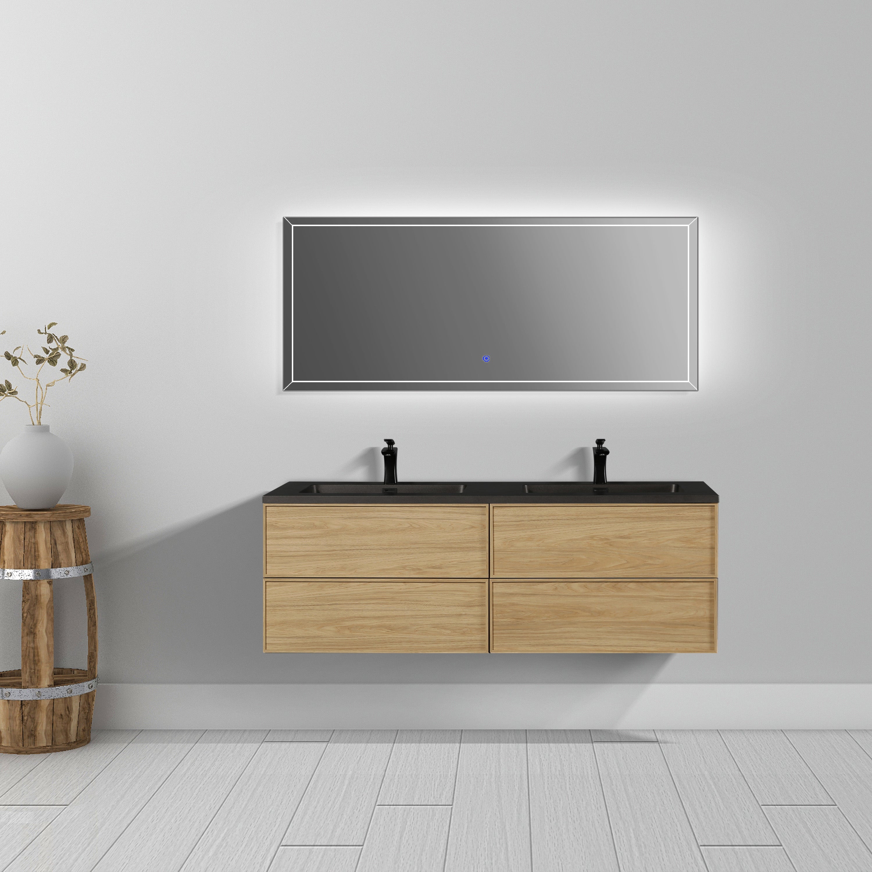 60" Sunset Walnut Wall Mount Double Sink Bathroom Vanity with Black Engineered Quartz Countertop