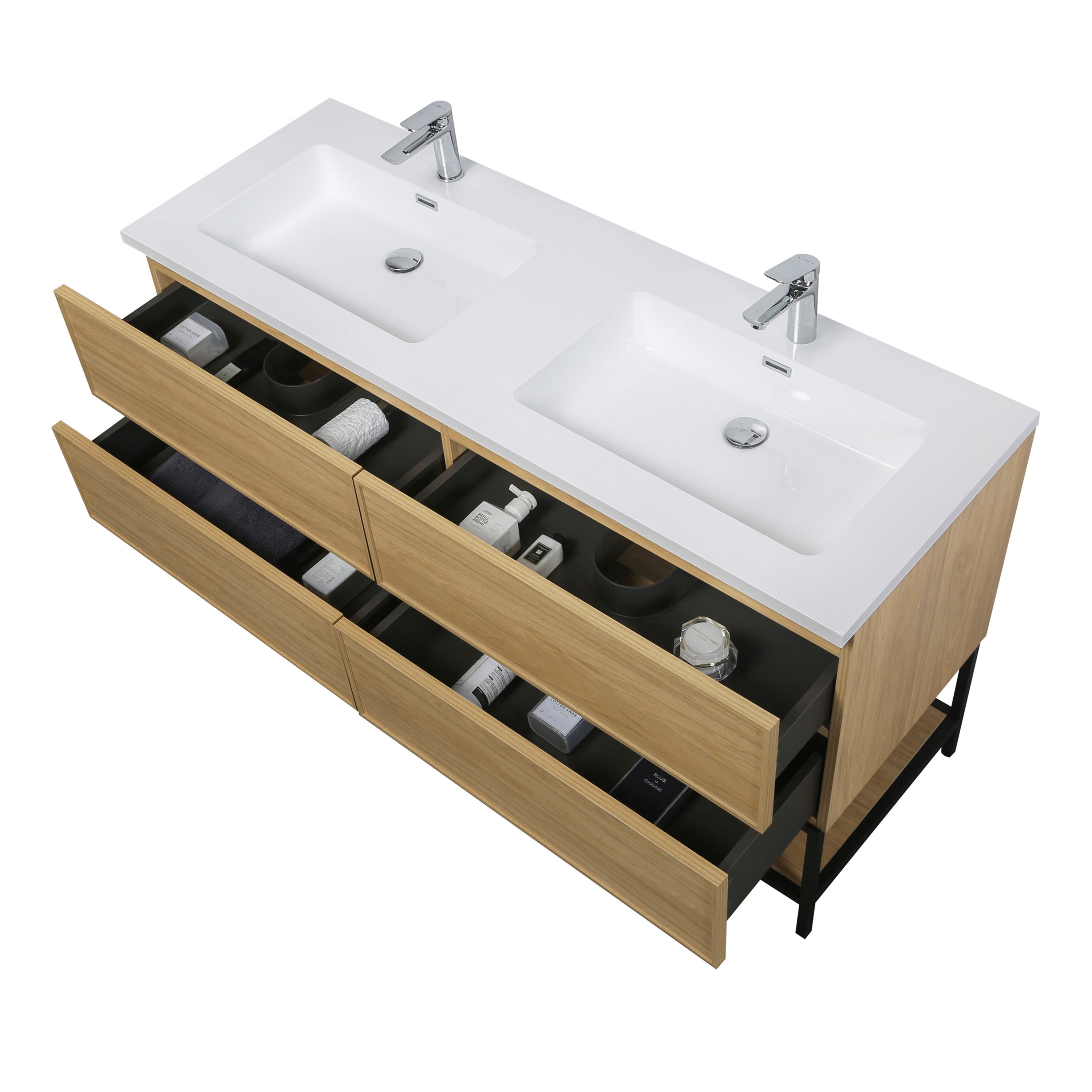 60" Sunset Walnut Wall Mount Double Sink Bathroom Vanity with White Polymarble Countertop